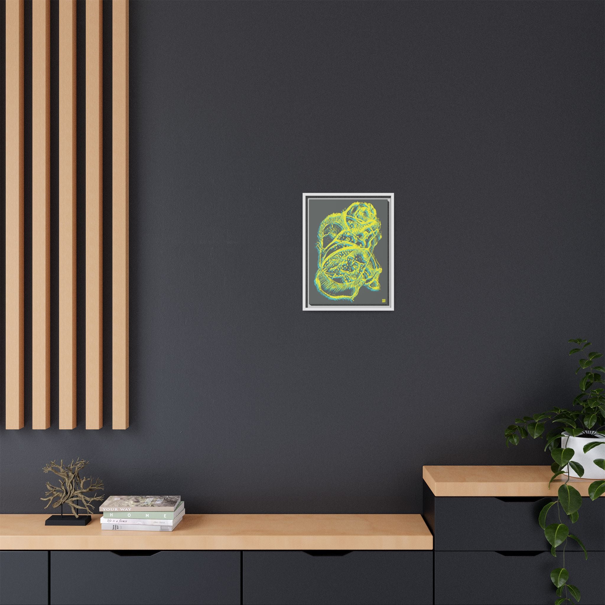 Exploration (Blur, Blue & Yellow, Dark Gray Background) Matte Canvas, Framed