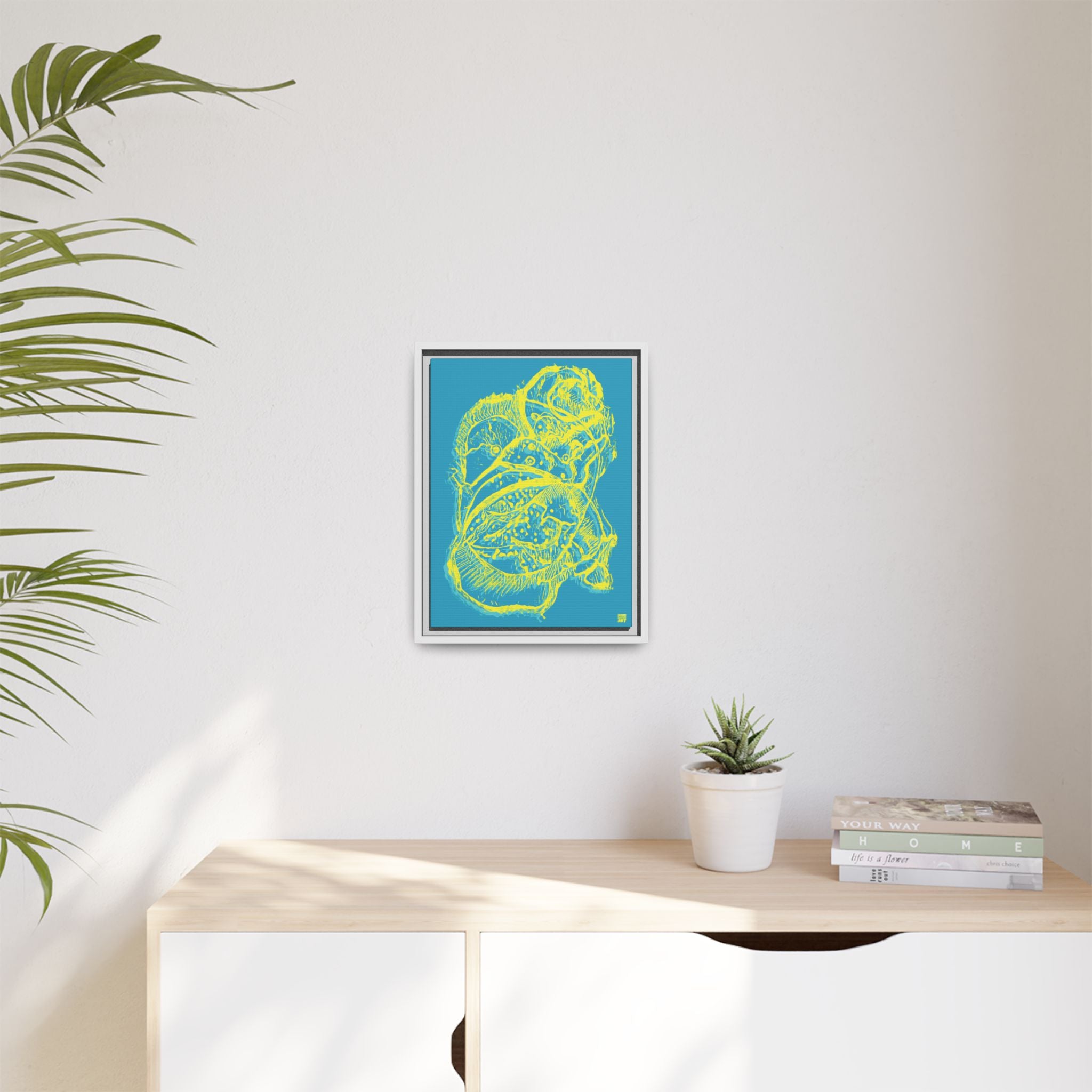 Exploration (Blur, Blue & Yellow, Dark Blue Background) Matte Canvas, Framed