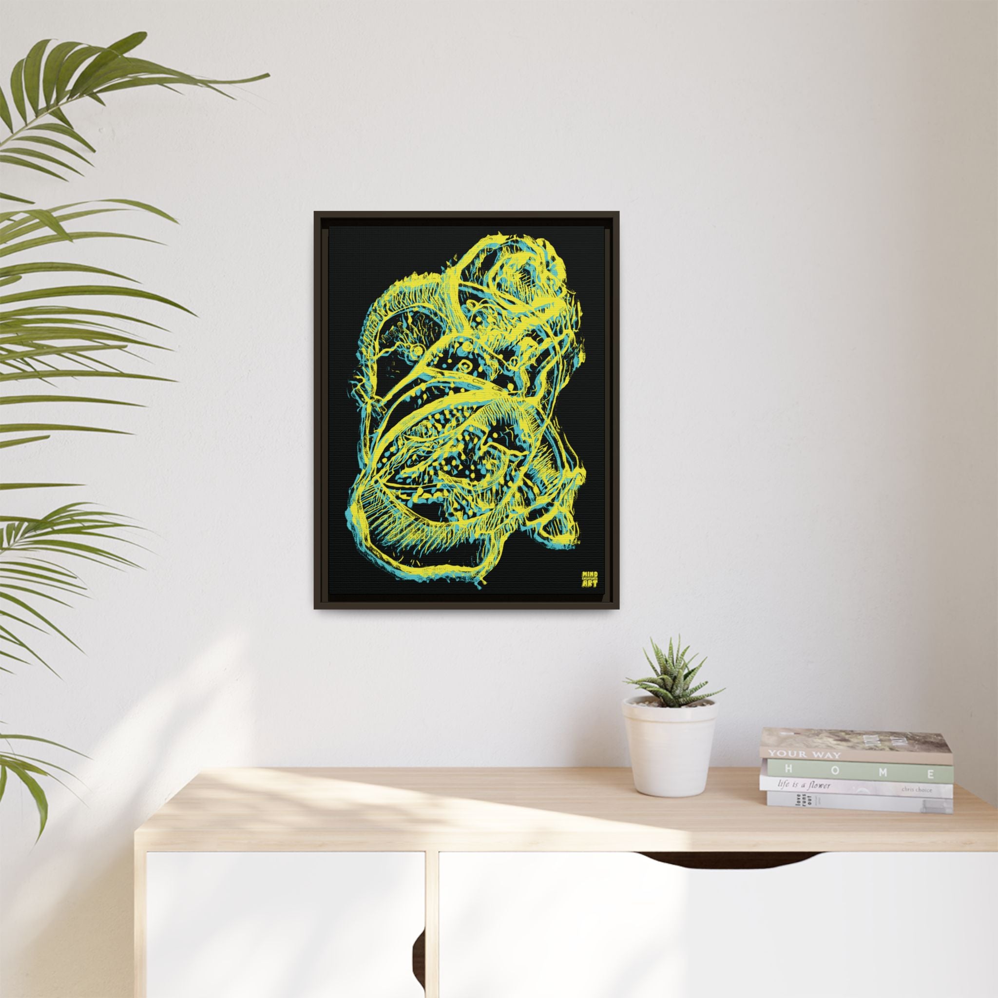 Exploration (Blur, Blue & Yellow, Black Background) Matte Canvas, Framed