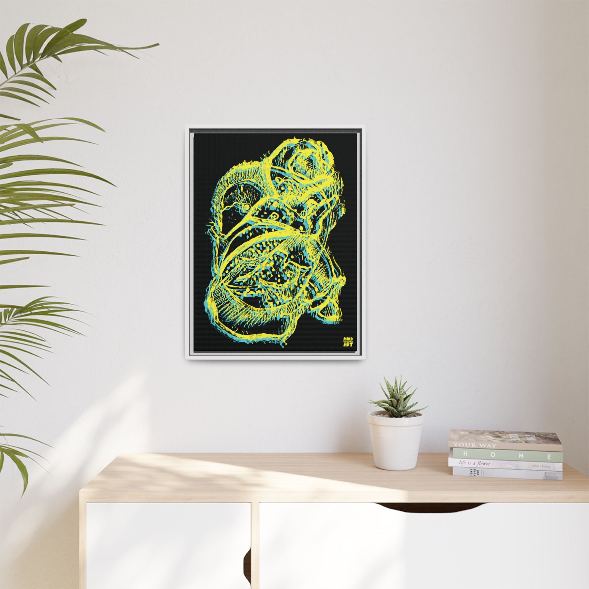 Exploration (Blur, Blue & Yellow, Black Background) Matte Canvas, Framed