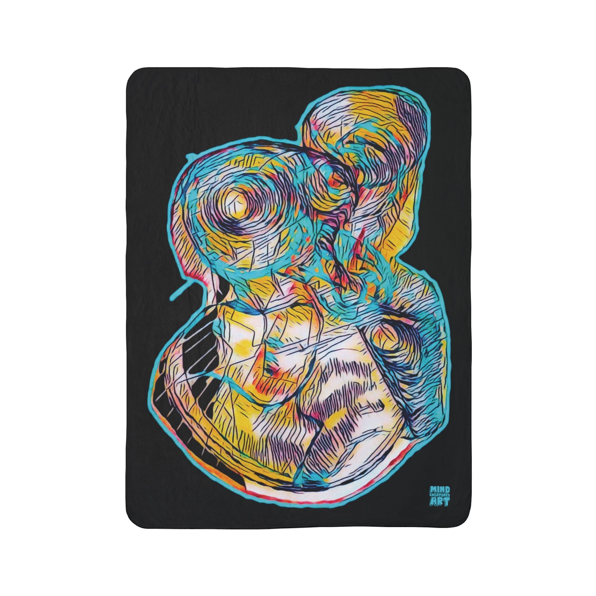 Curiosity (Teal, Black Background) Fleece Sherpa Blanket