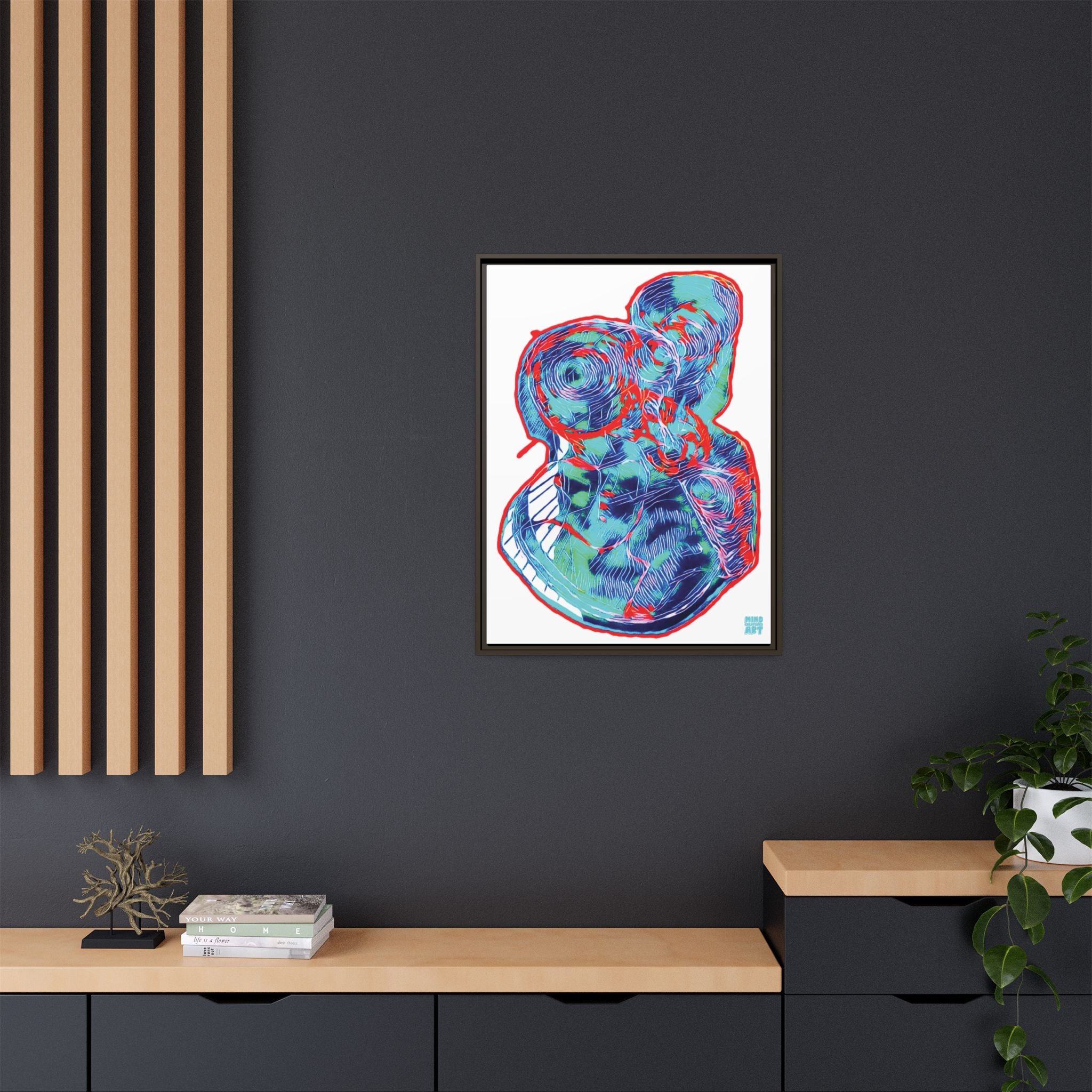 Curiosity (Red & Teal, White Background) Matte Canvas, Framed