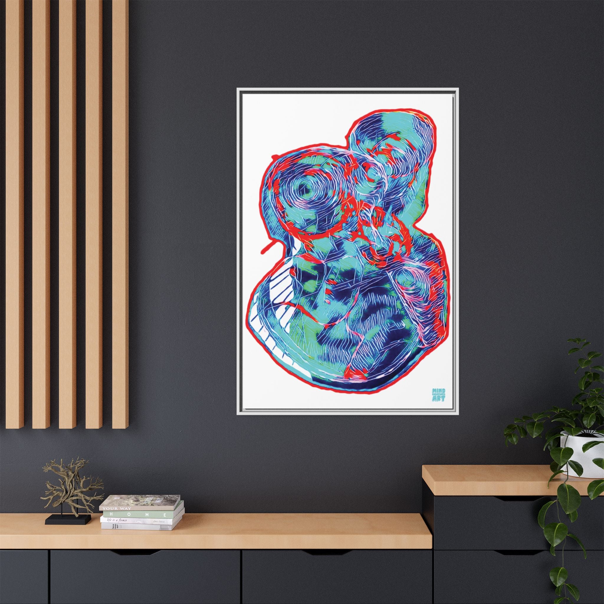Curiosity (Red & Teal, White Background) Matte Canvas, Framed