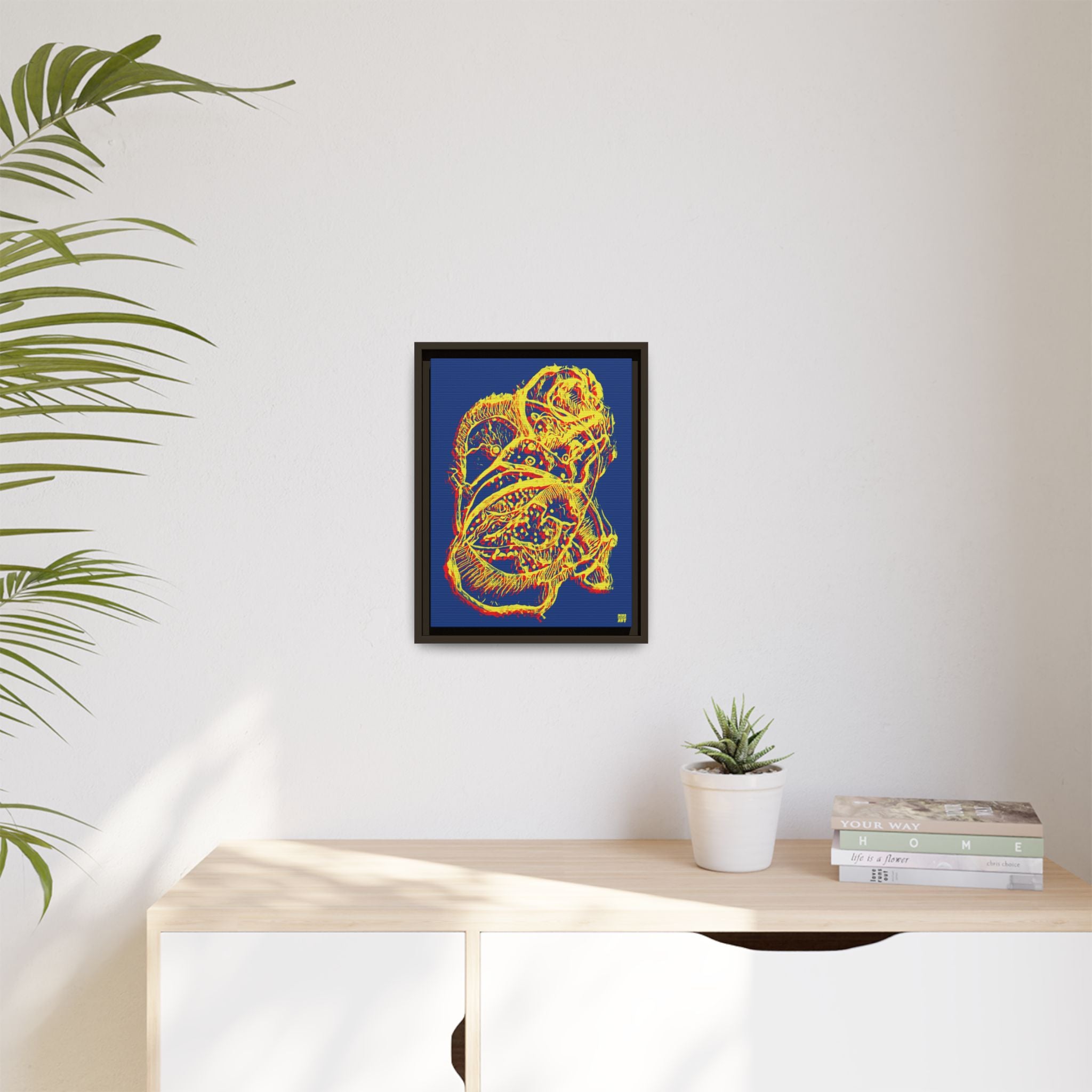 Exploration (Blur, Red & Yellow, Dark Blue Background) Matte Canvas, Framed