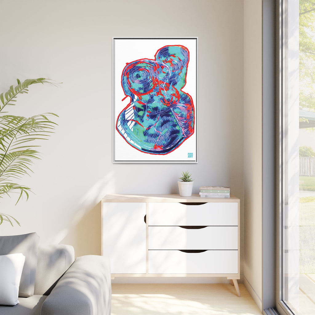 Curiosity (Red & Teal, White Background) Matte Canvas, Framed