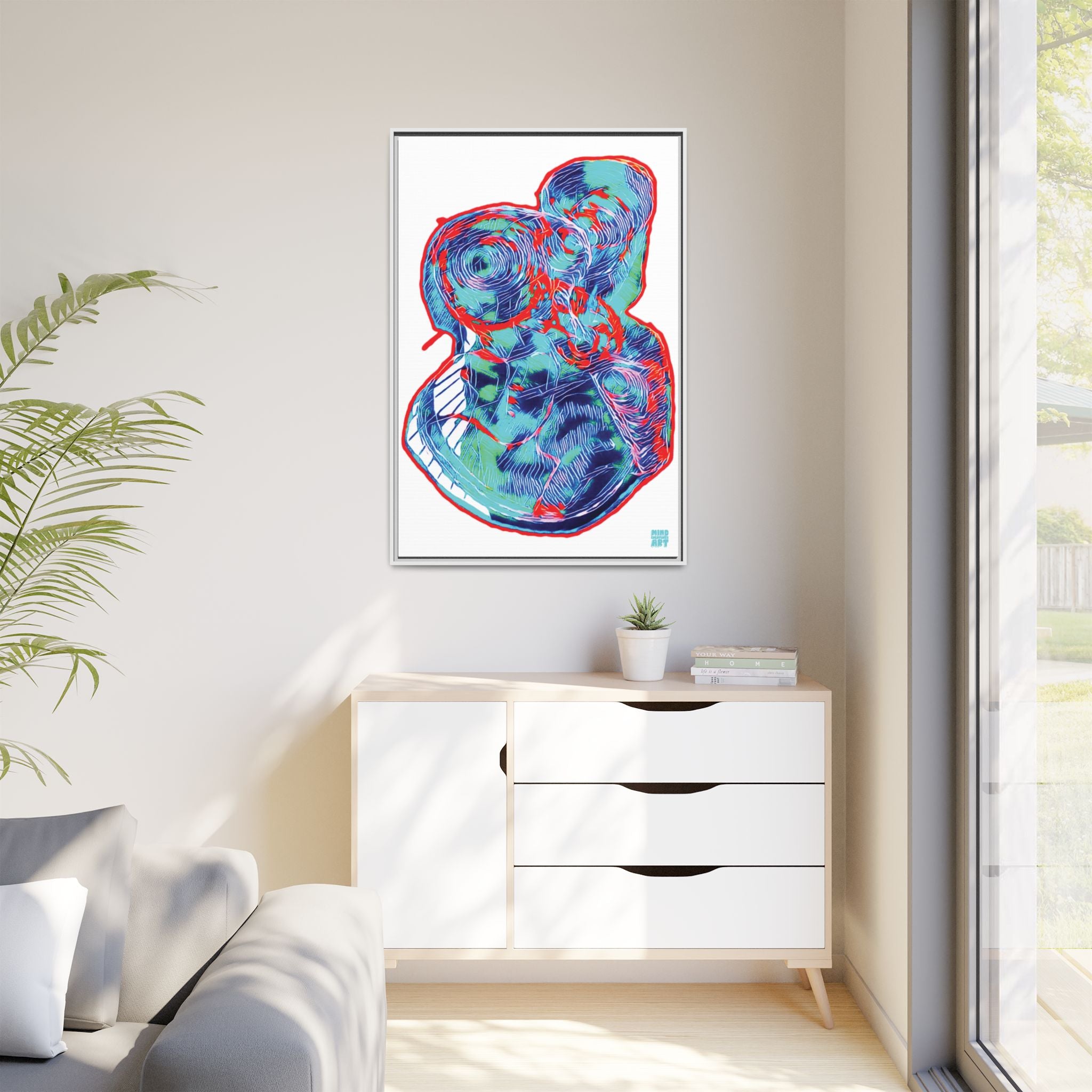 Curiosity (Red & Teal, White Background) Matte Canvas, Framed