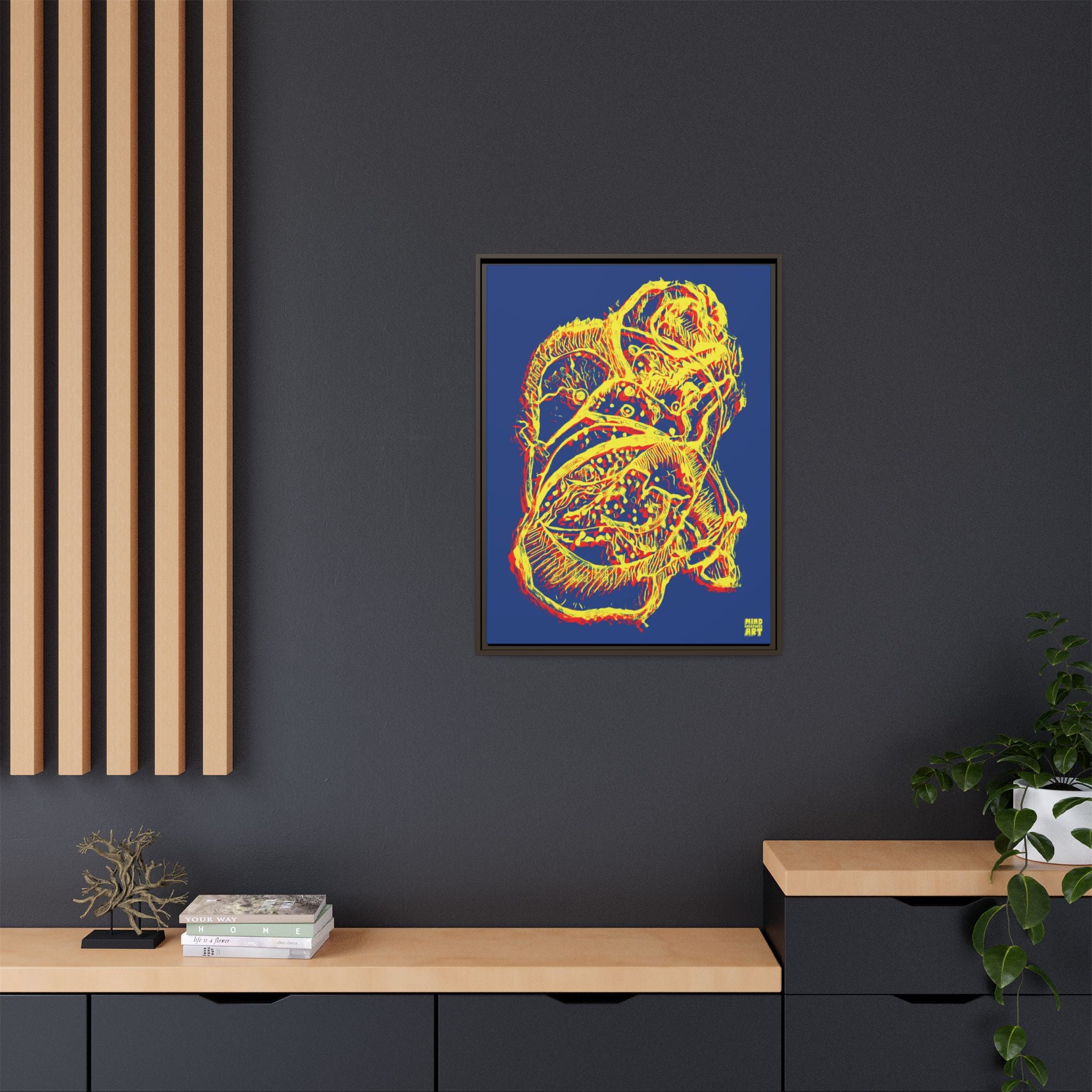 Exploration (Blur, Red & Yellow, Dark Blue Background) Matte Canvas, Framed