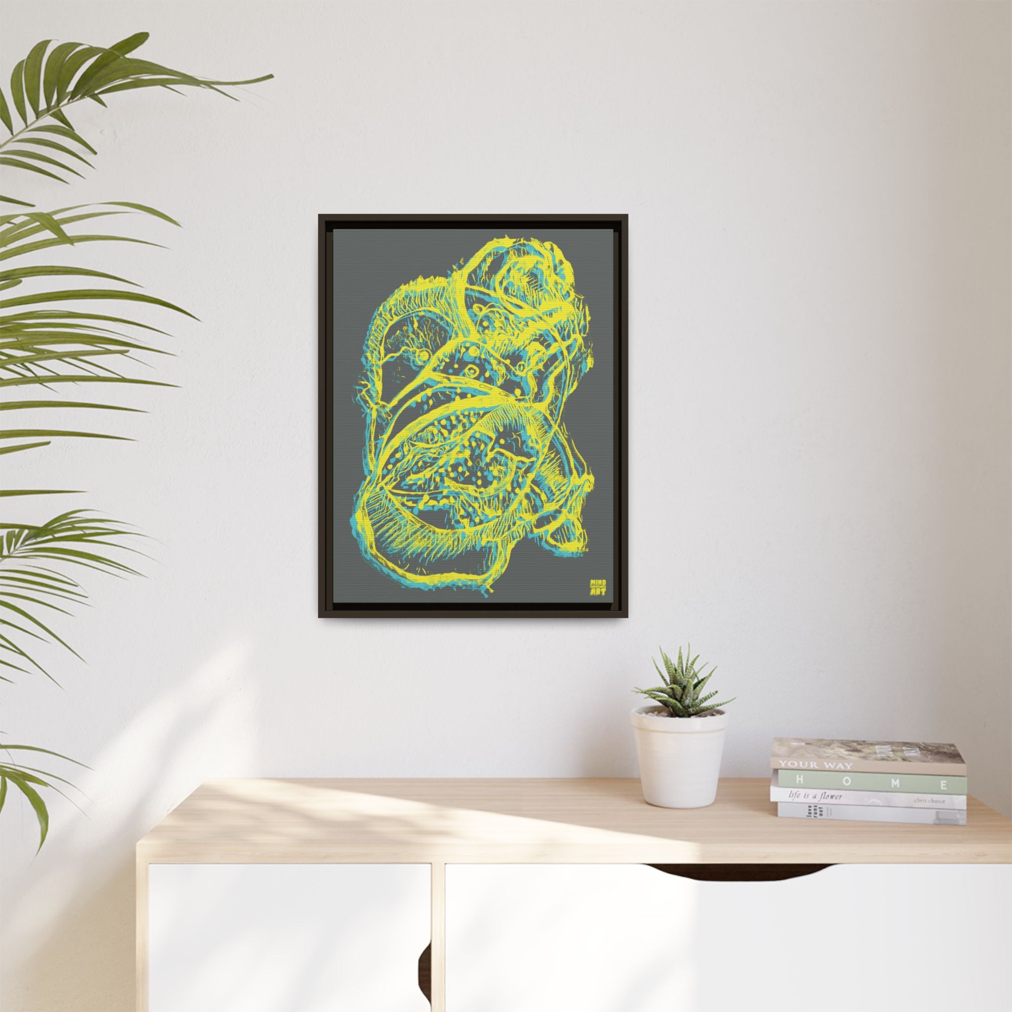 Exploration (Blur, Blue & Yellow, Dark Gray Background) Matte Canvas, Framed