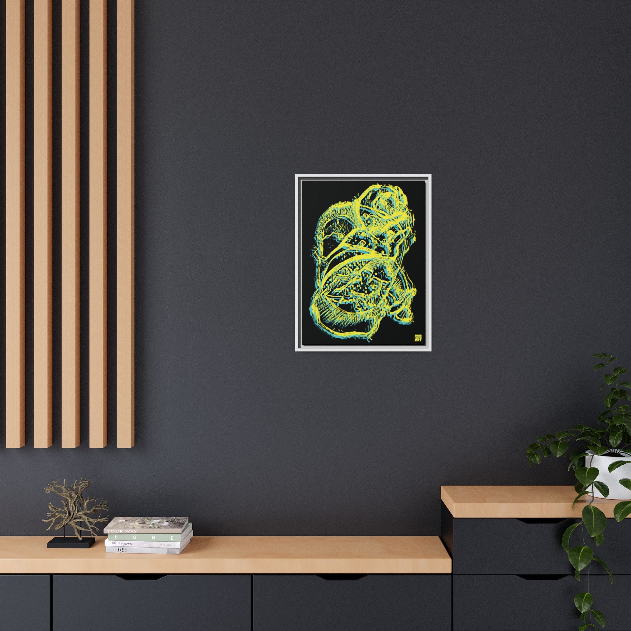 Exploration (Blur, Blue & Yellow, Black Background) Matte Canvas, Framed