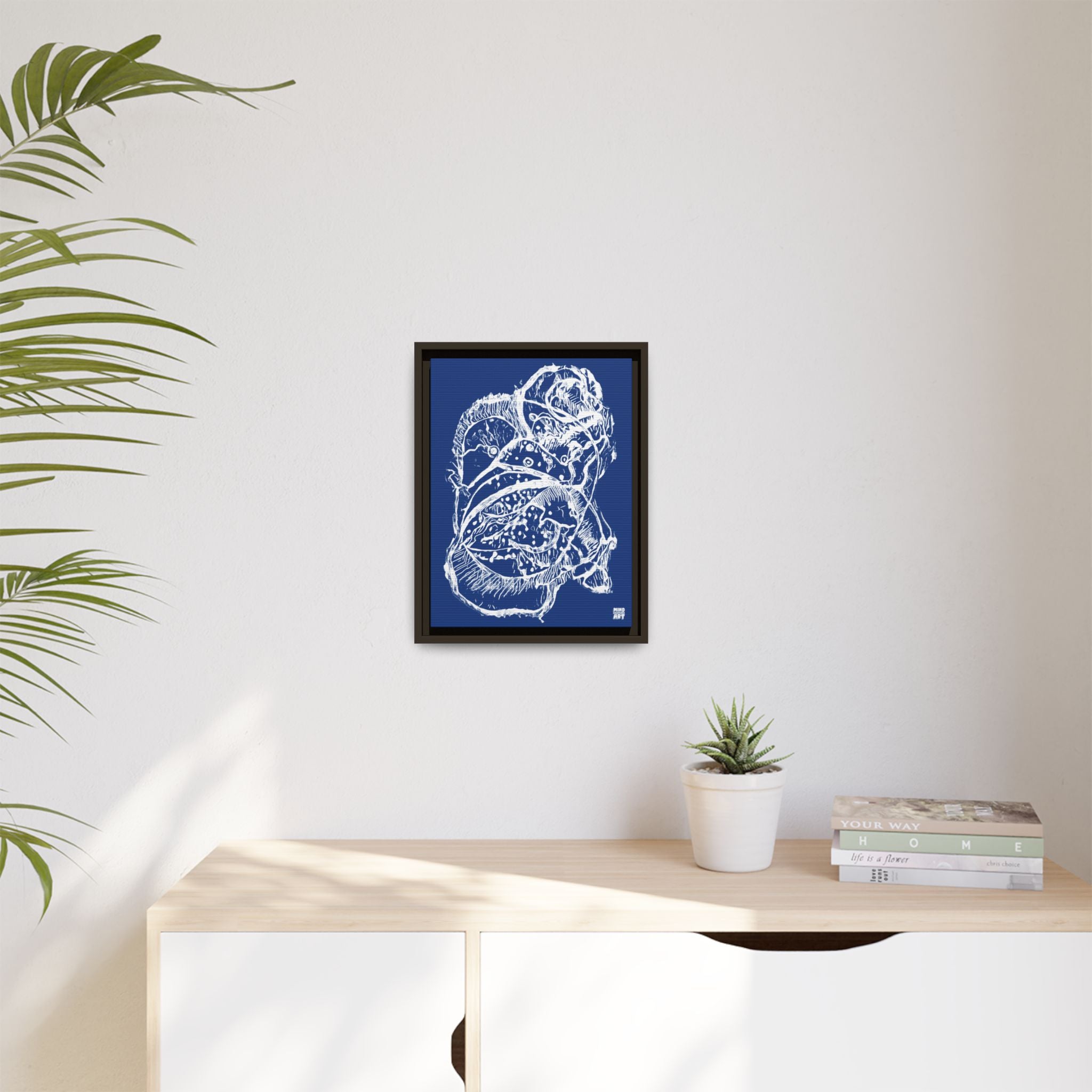 Exploration (White, Dark Blue Background) Matte Canvas, Framed