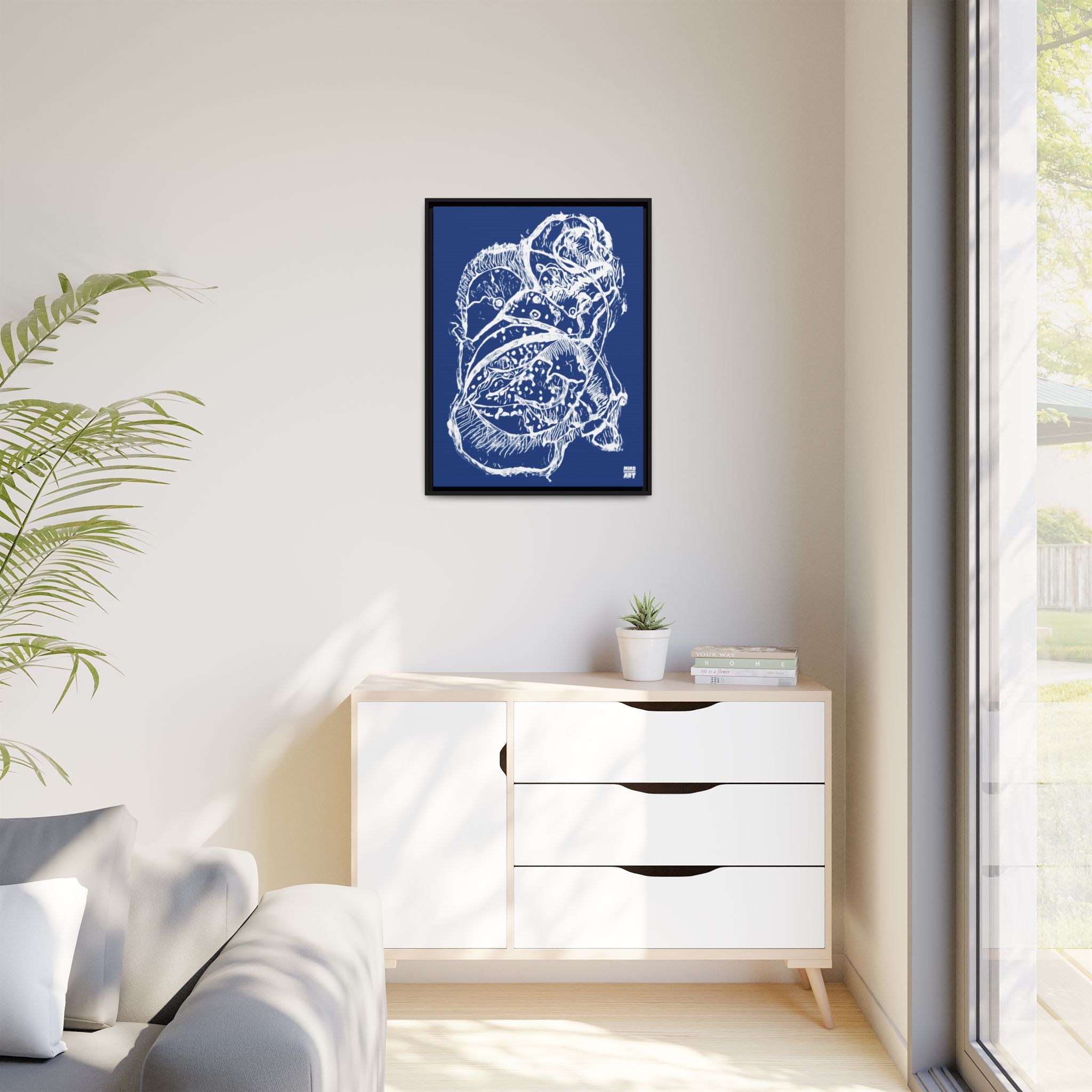 Exploration (White, Dark Blue Background) Matte Canvas, Framed