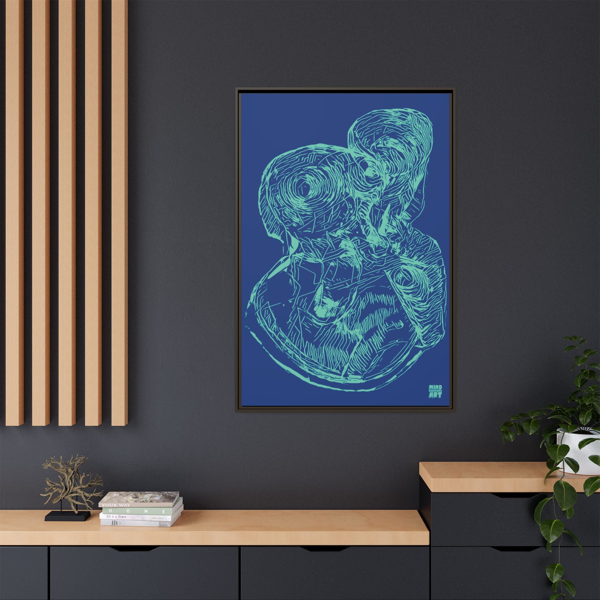 Curiosity (Teal, Dark Blue Background) Matte Canvas, Framed