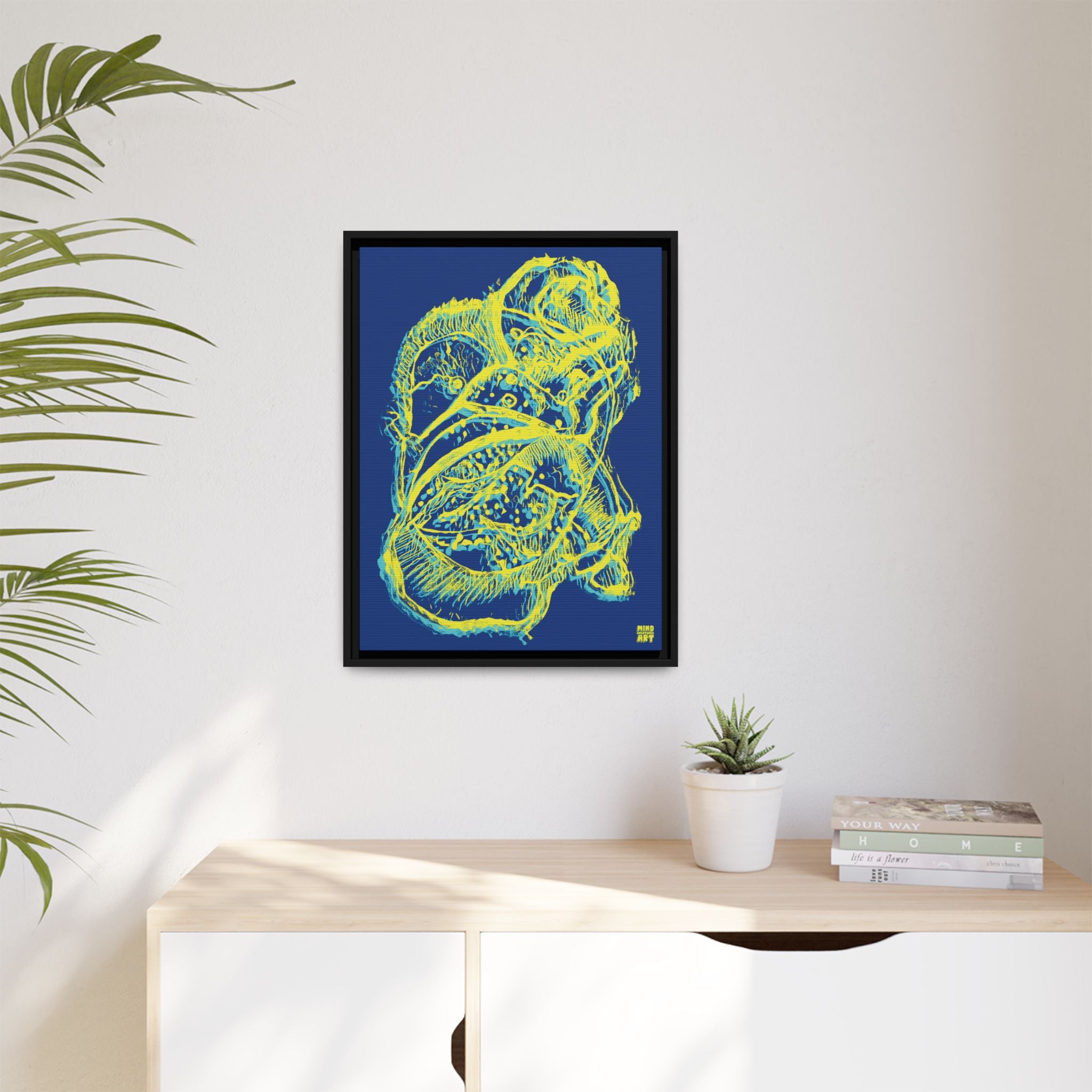 Exploration (Blur, Blue & Yellow, Dark Blue Background) Matte Canvas, Framed