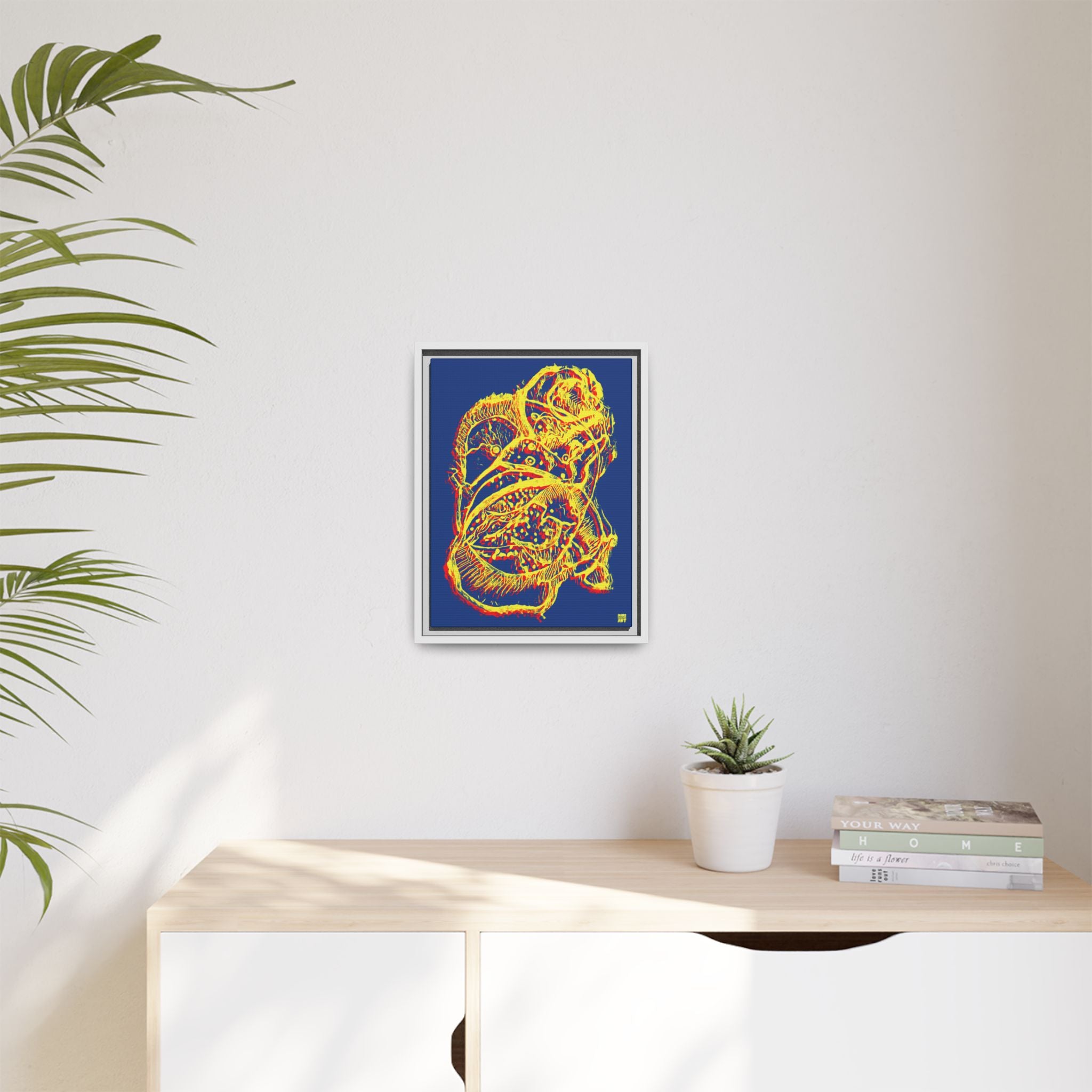 Exploration (Blur, Red & Yellow, Dark Blue Background) Matte Canvas, Framed