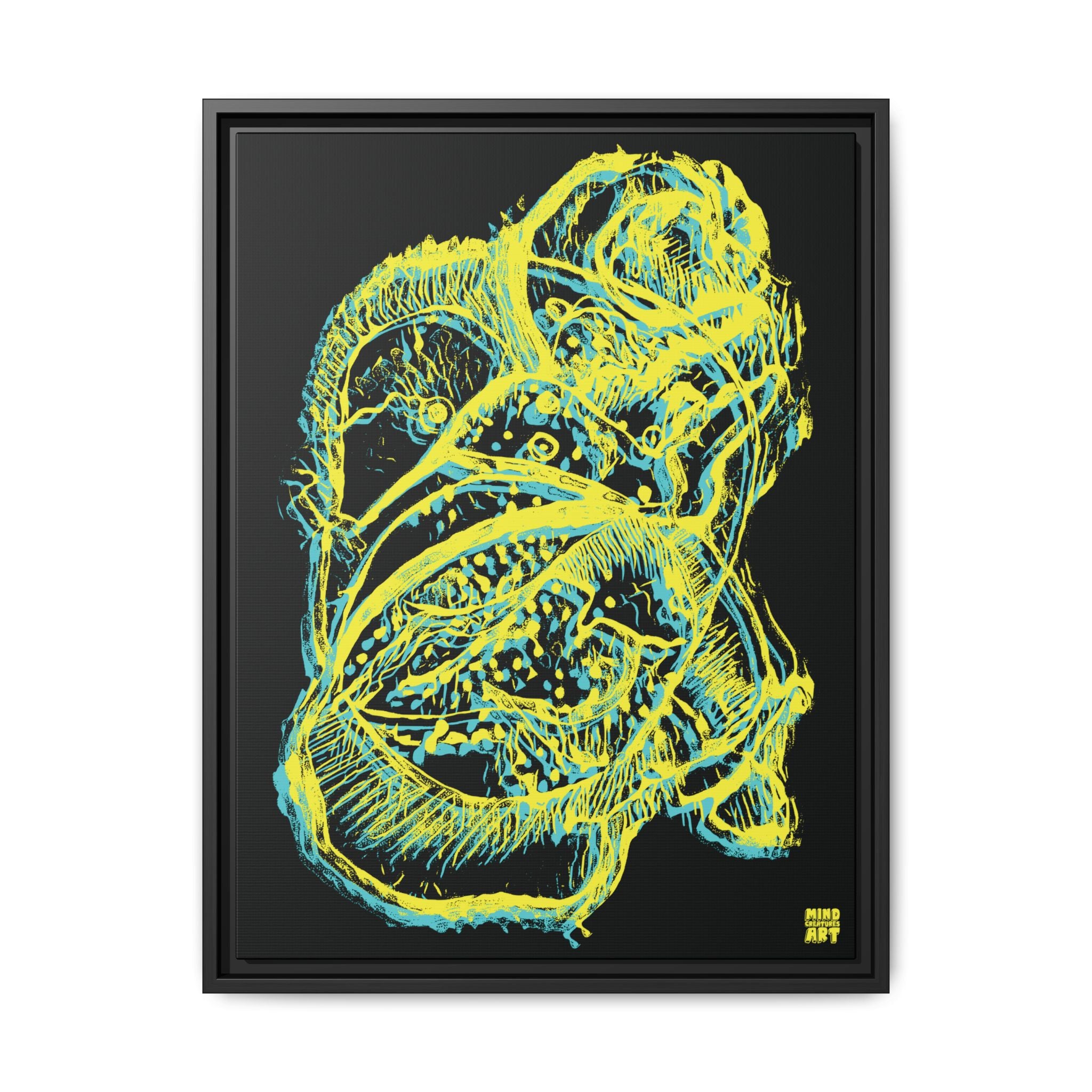 Exploration (Blur, Blue & Yellow, Black Background) Matte Canvas, Framed