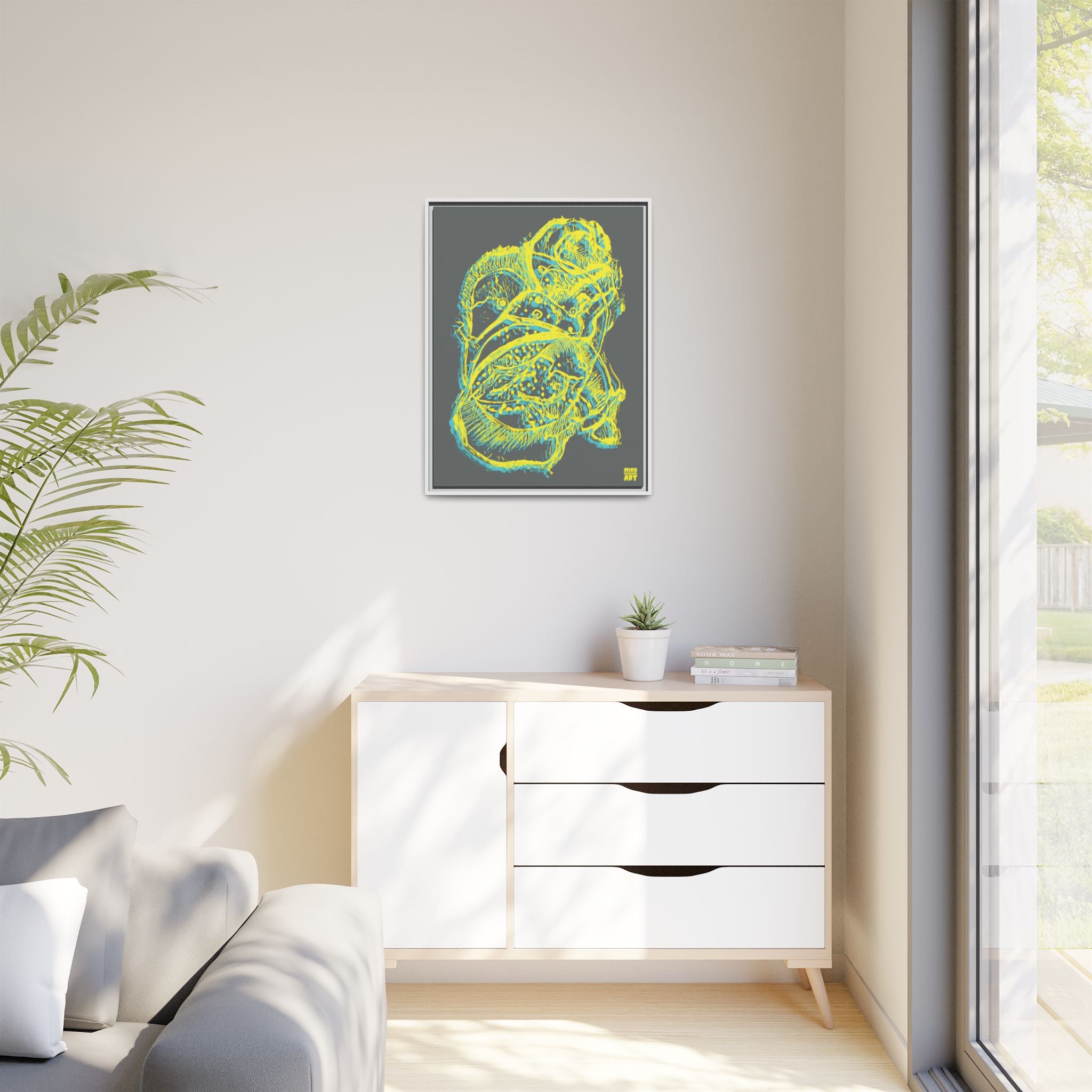Exploration (Blur, Blue & Yellow, Dark Gray Background) Matte Canvas, Framed