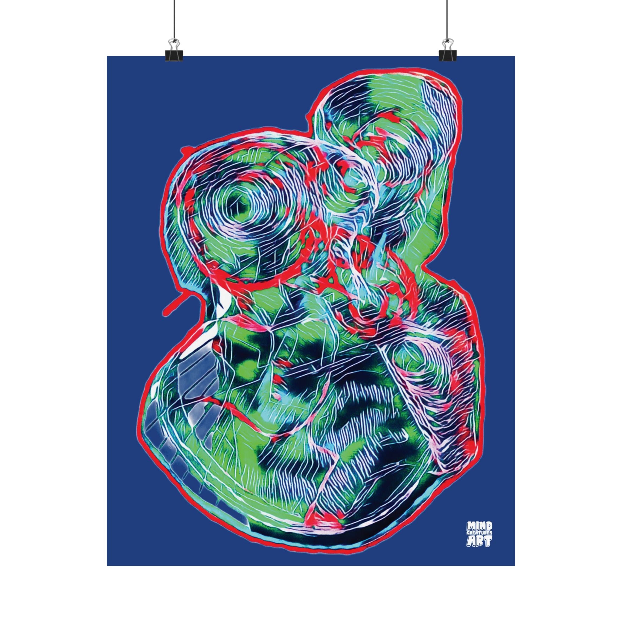 Curiosity (Red & Green, Dark Blue Background) Matte Poster