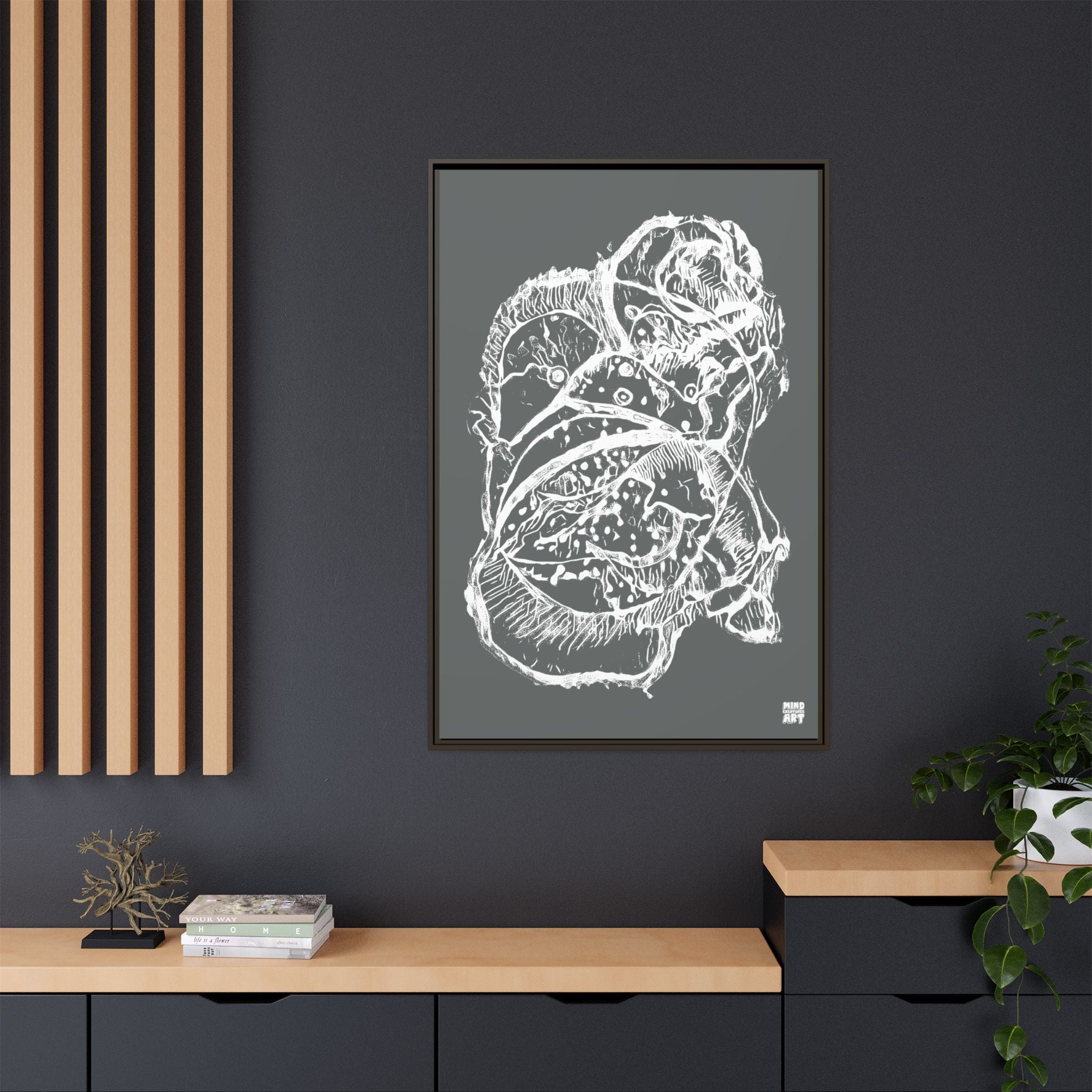 Exploration (White, Dark Gray Background) Matte Canvas, Framed
