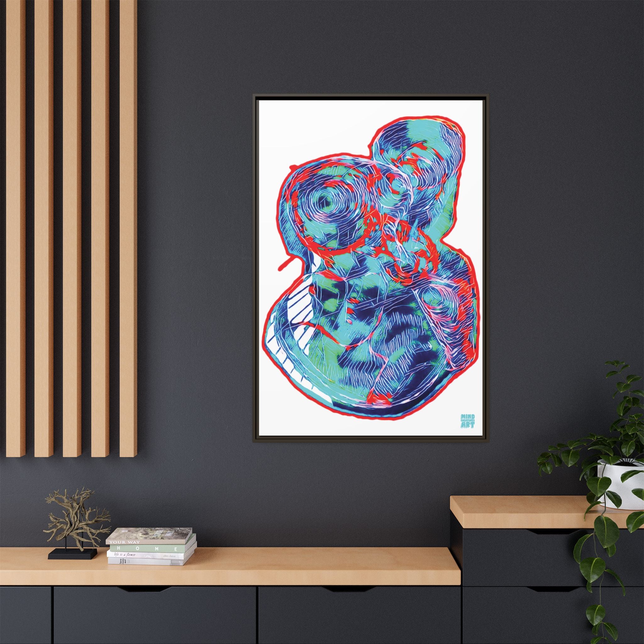 Curiosity (Red & Teal, White Background) Matte Canvas, Framed