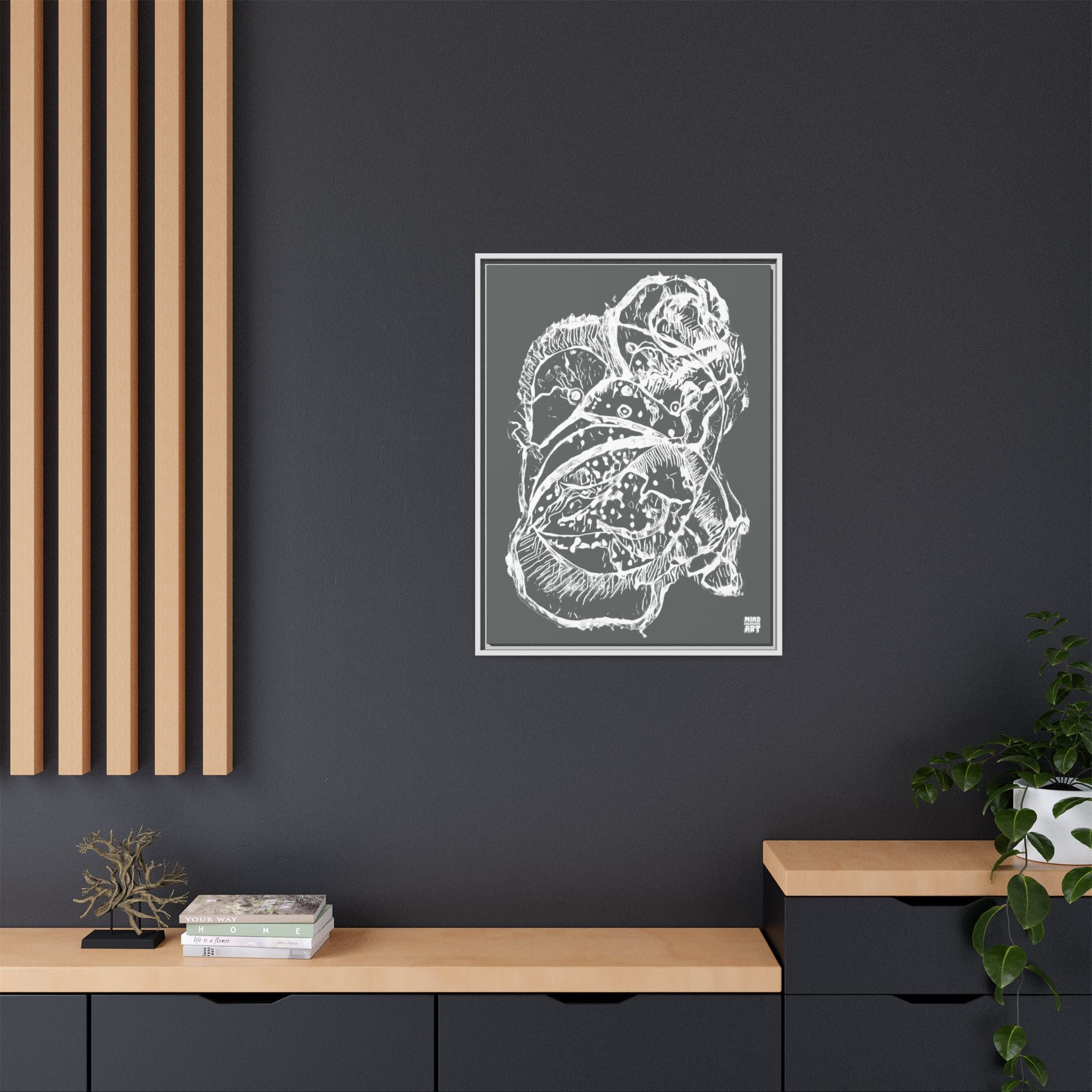 Exploration (White, Dark Gray Background) Matte Canvas, Framed