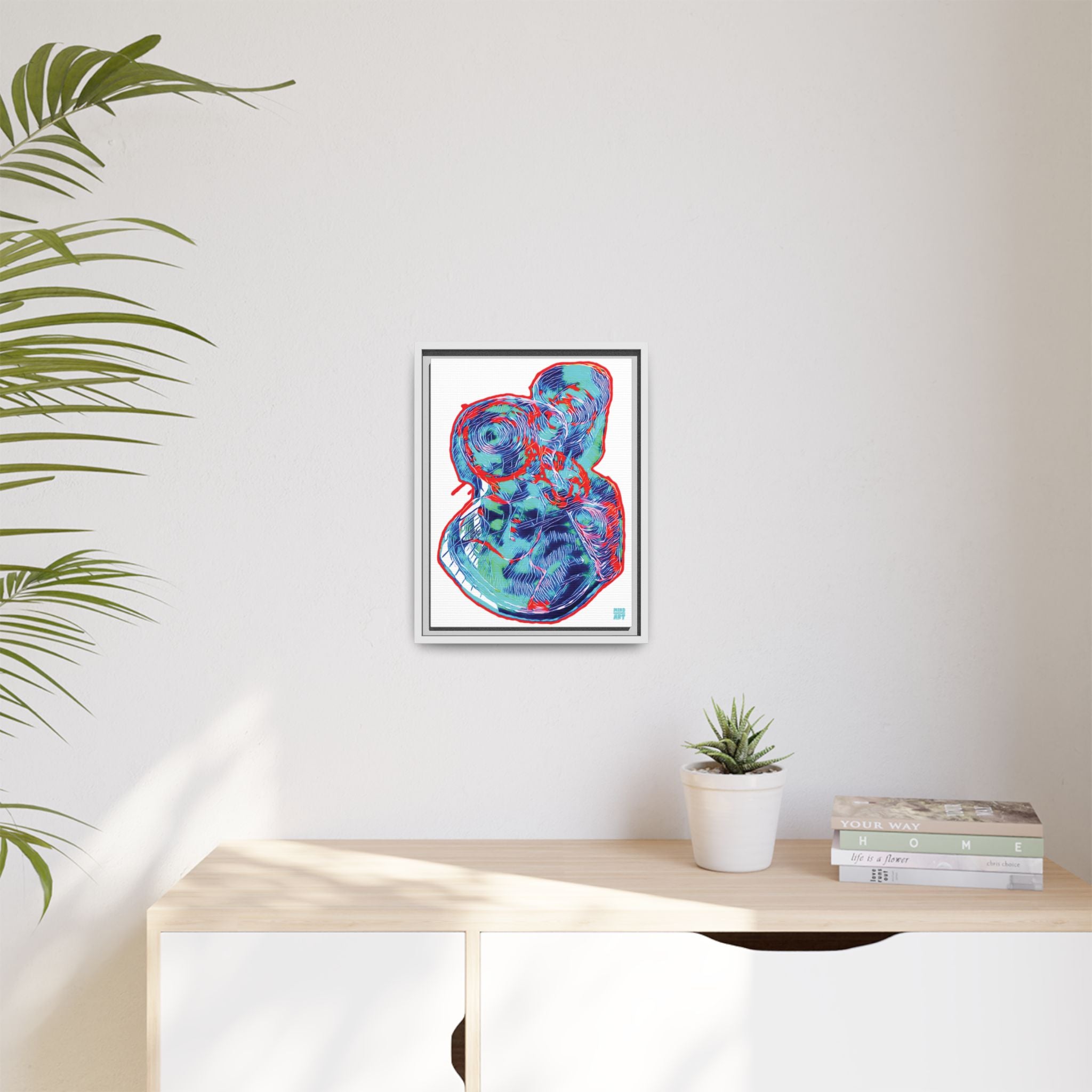 Curiosity (Red & Teal, White Background) Matte Canvas, Framed