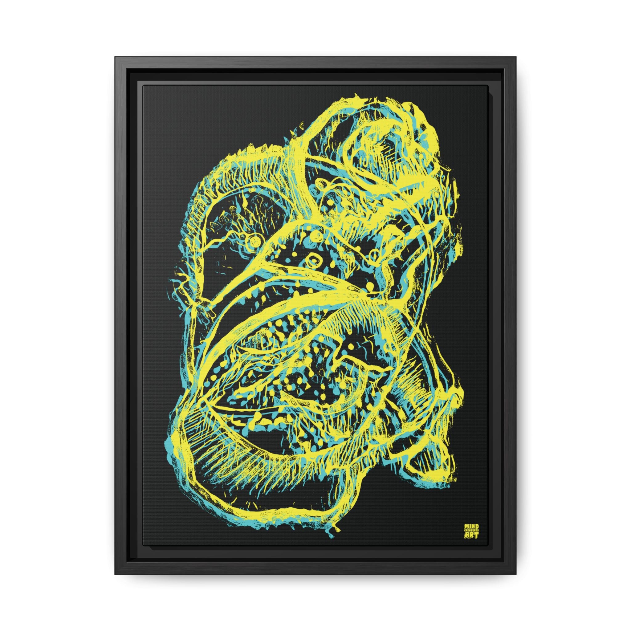 Exploration (Blur, Blue & Yellow, Black Background) Matte Canvas, Framed