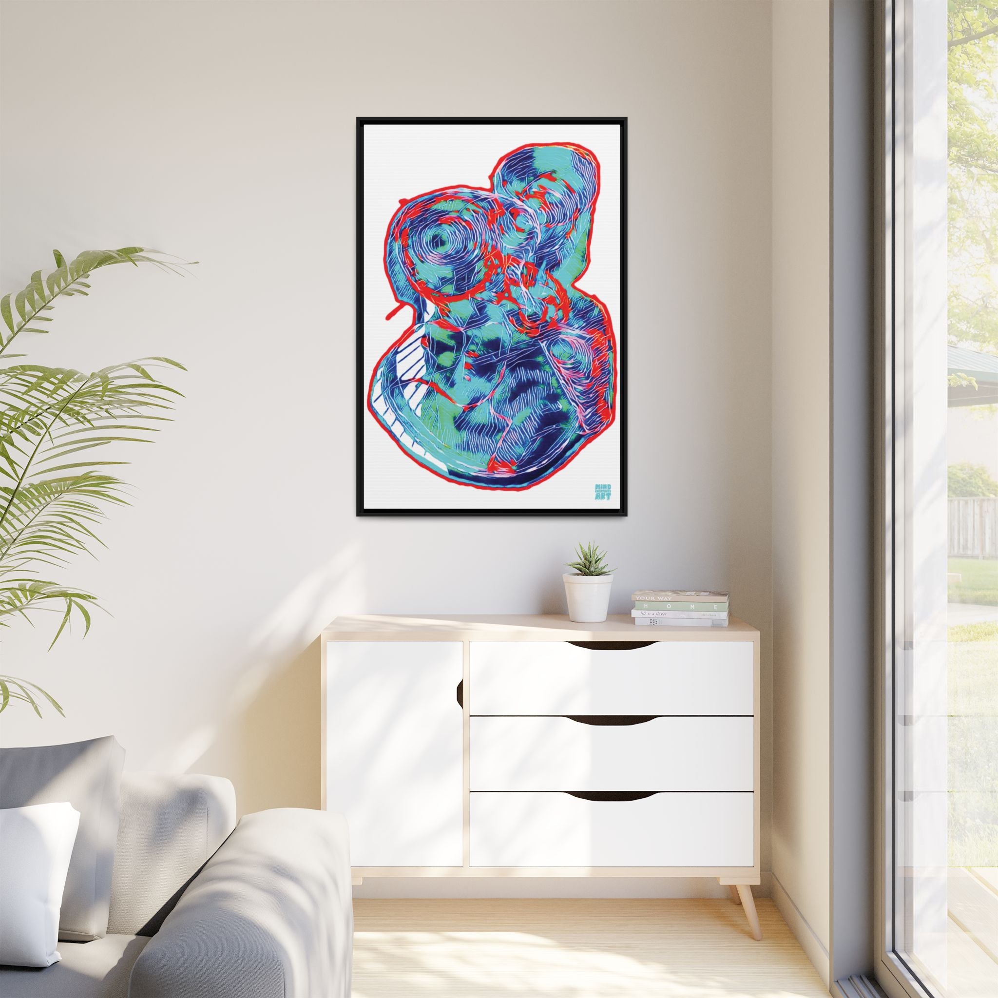 Curiosity (Red & Teal, White Background) Matte Canvas, Framed