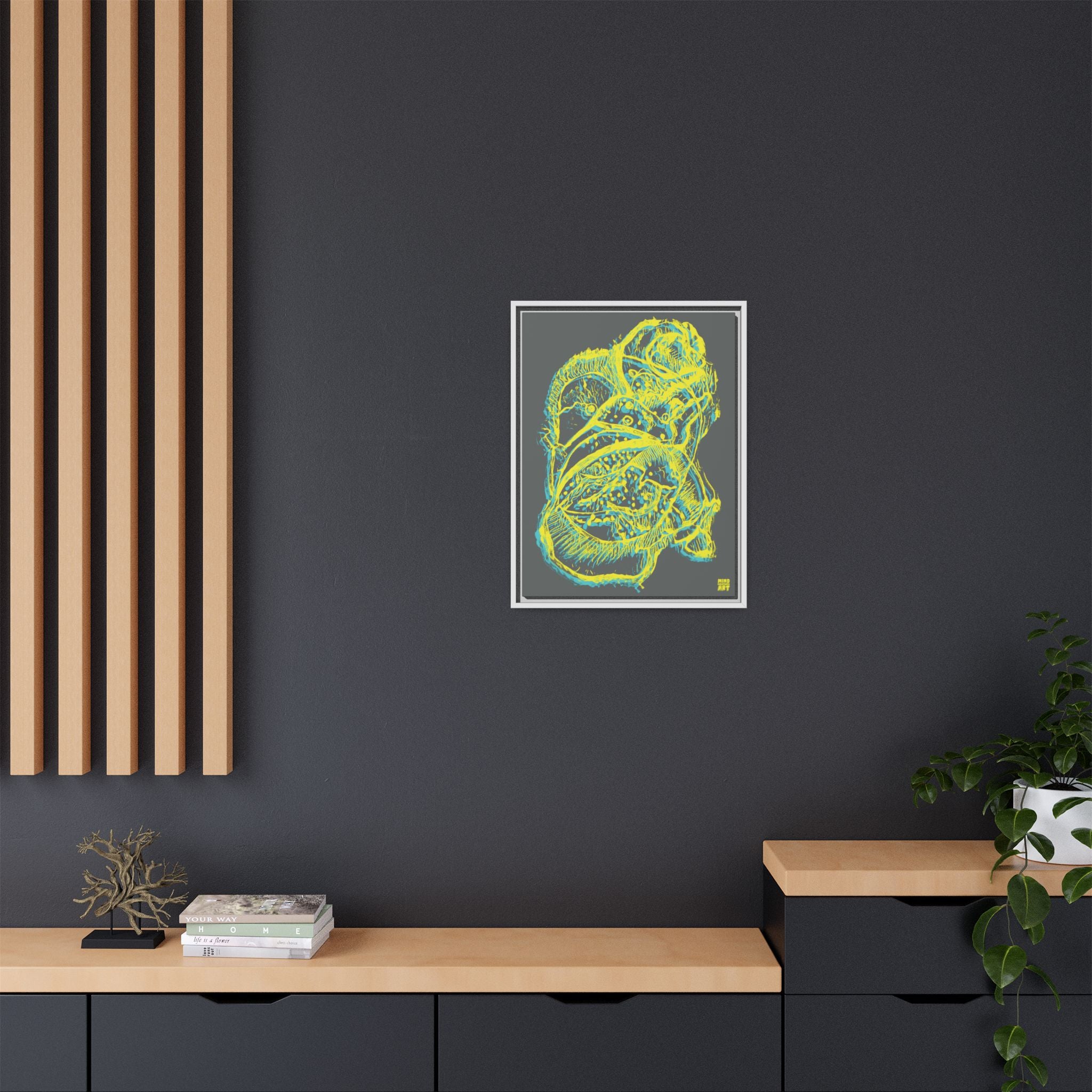 Exploration (Blur, Blue & Yellow, Dark Gray Background) Matte Canvas, Framed