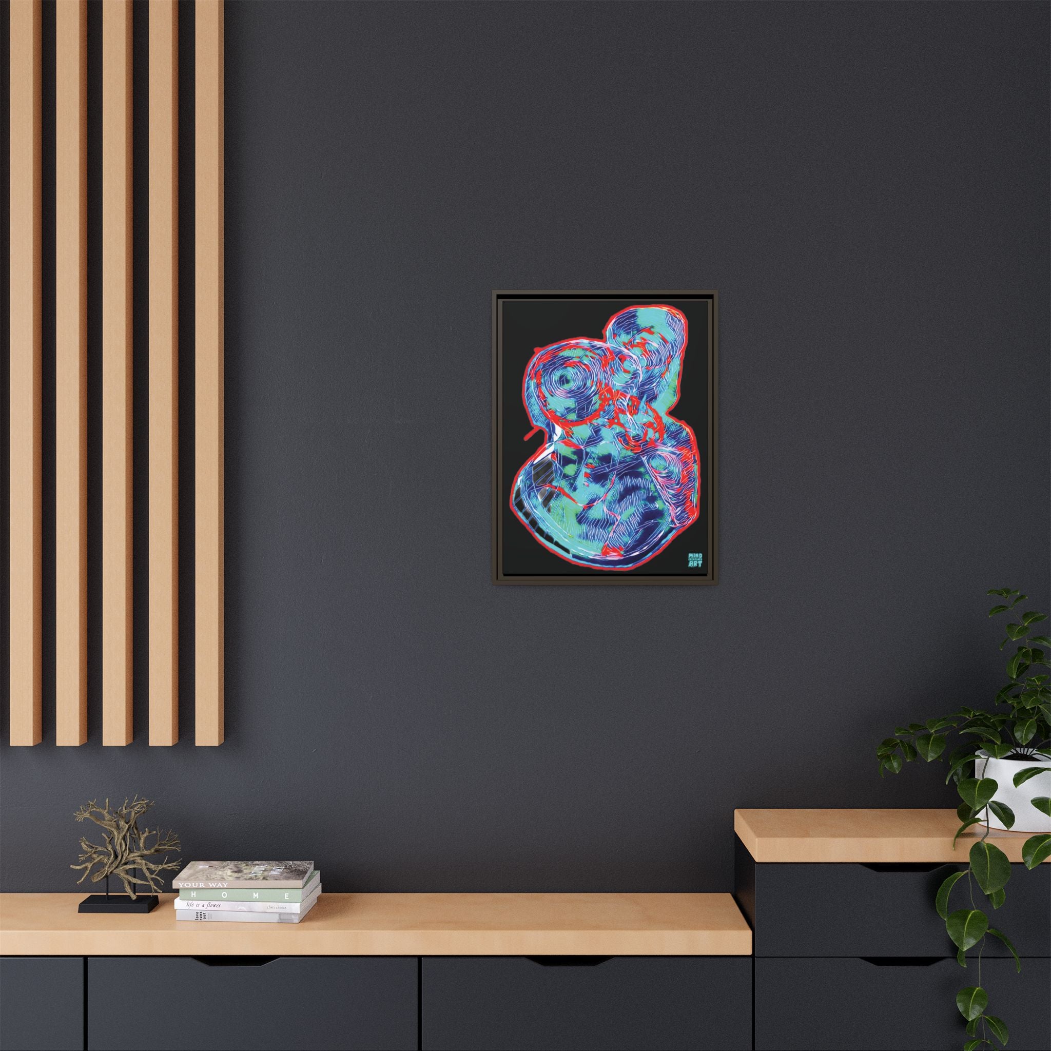 Curiosity (Red & Teal), Black Background) Matte Canvas, Framed