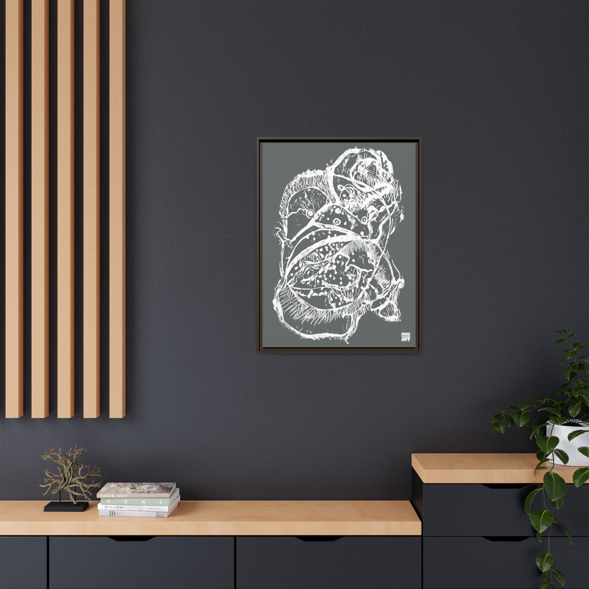 Exploration (White, Dark Gray Background) Matte Canvas, Framed