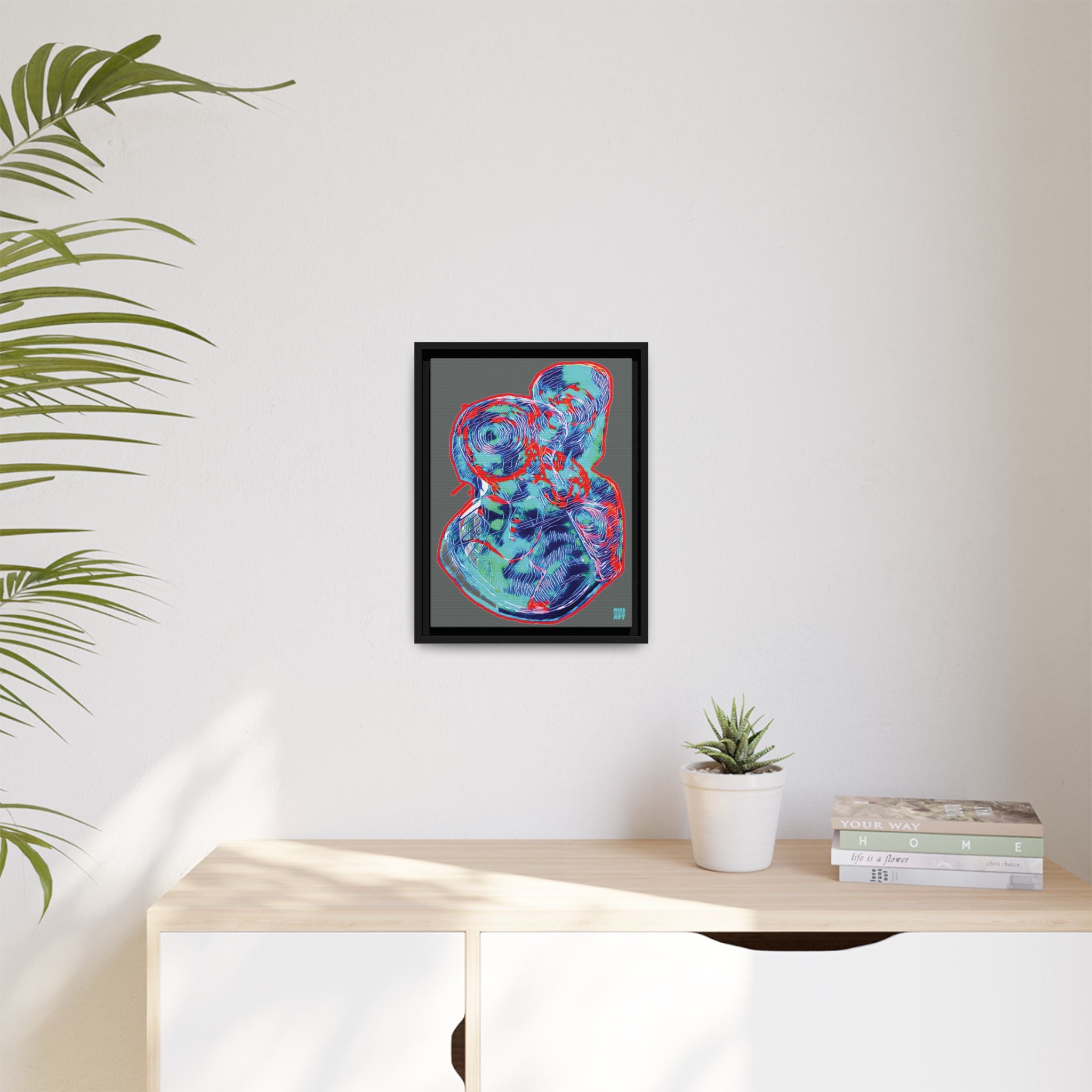 Curiosity (Red & Teal, Dark Gray Background) Matte Canvas, Framed