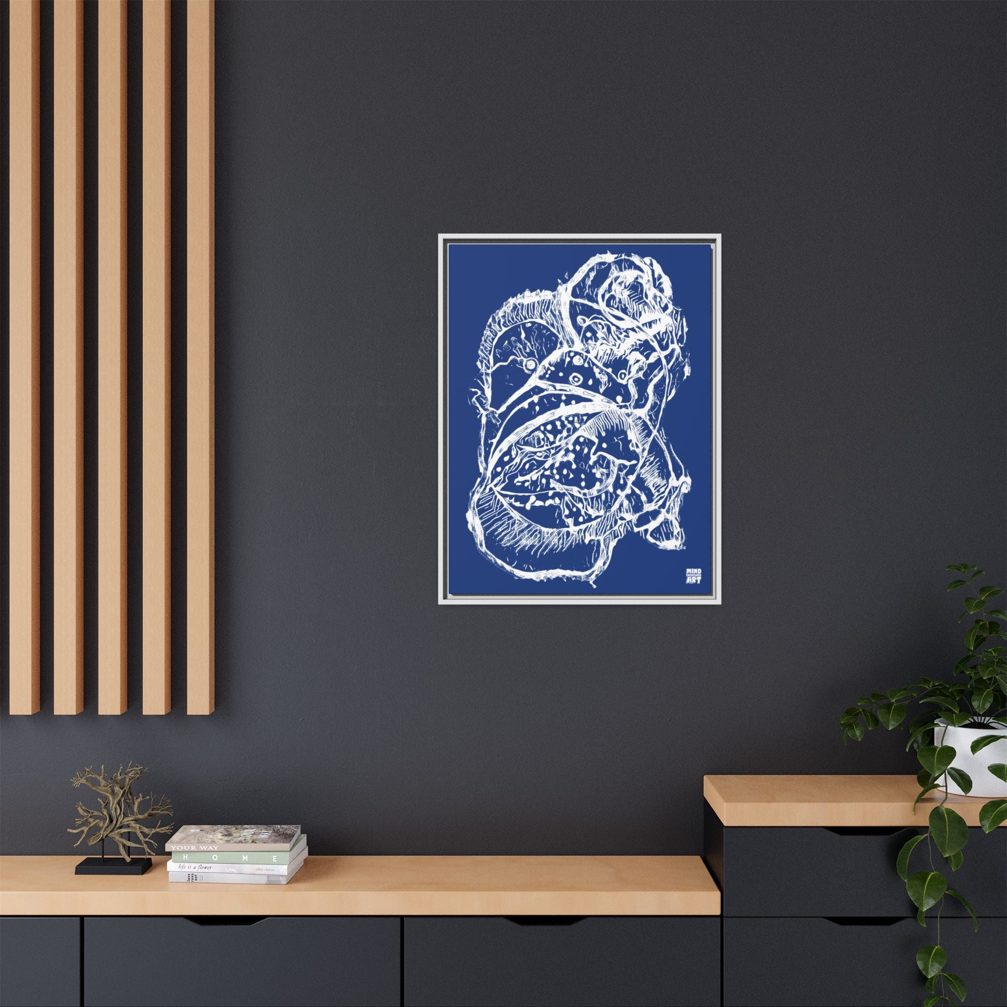 Exploration (White, Dark Blue Background) Matte Canvas, Framed
