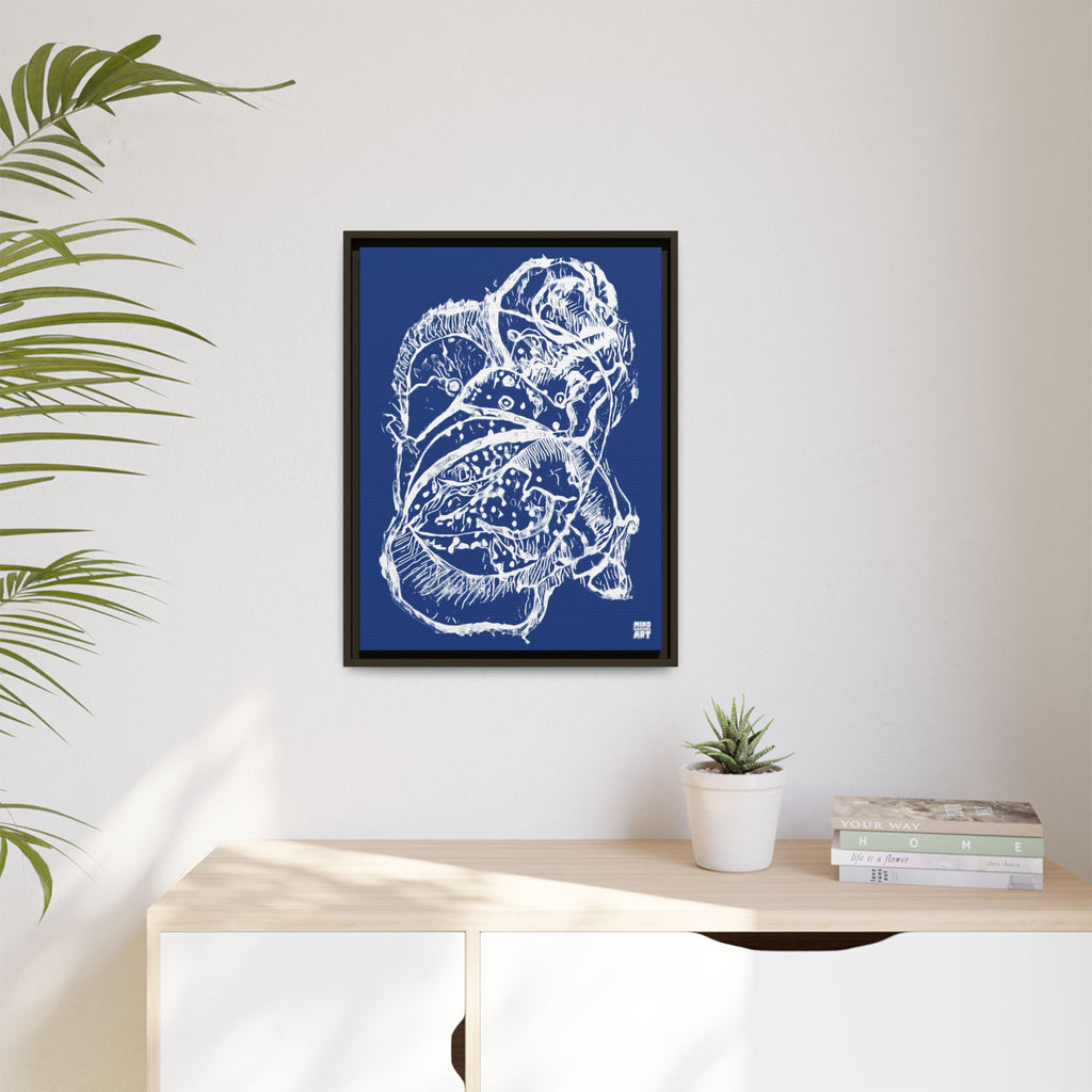 Exploration (White, Dark Blue Background) Matte Canvas, Framed