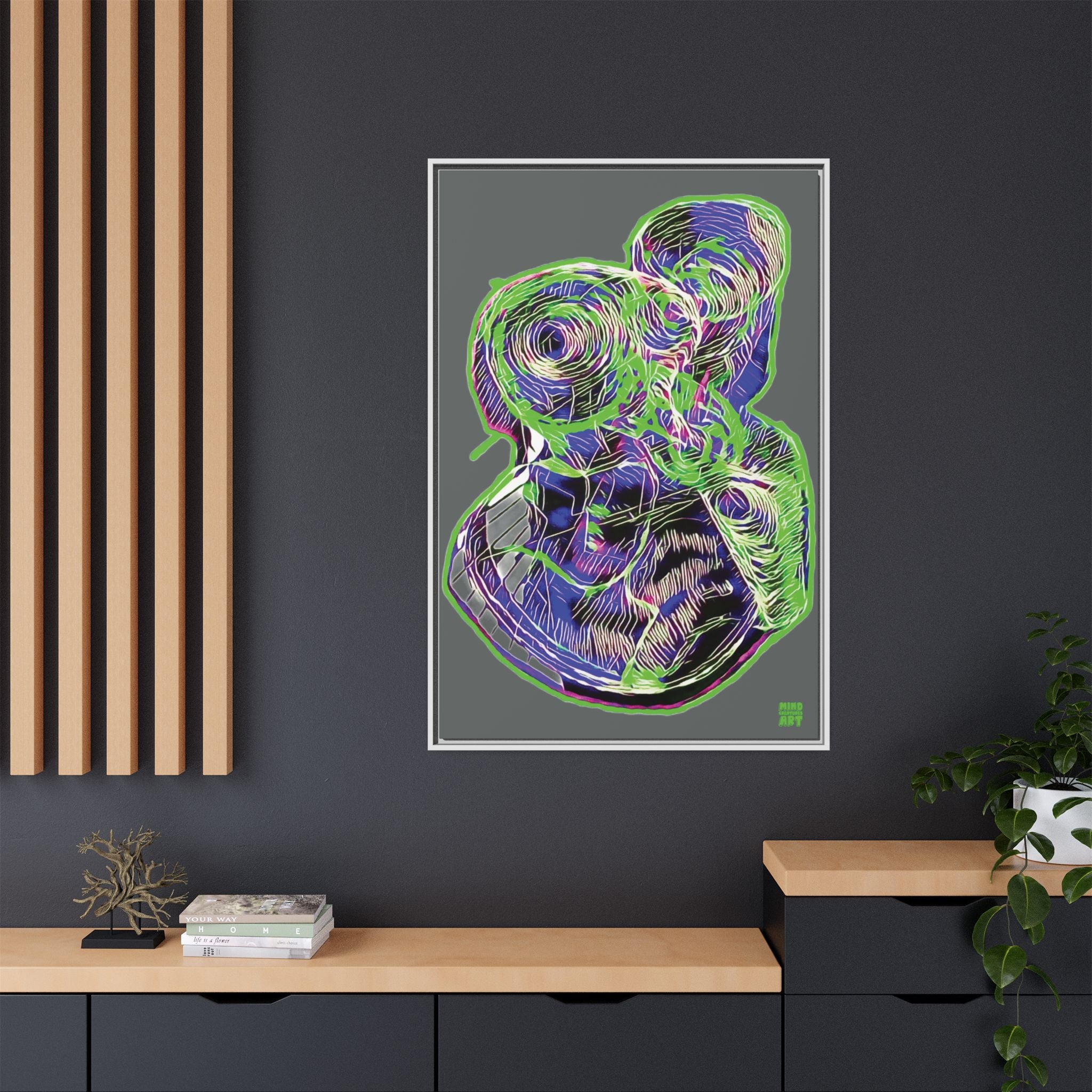 Curiosity (Electric Green, Dark Gray Background) Matte Canvas, Framed