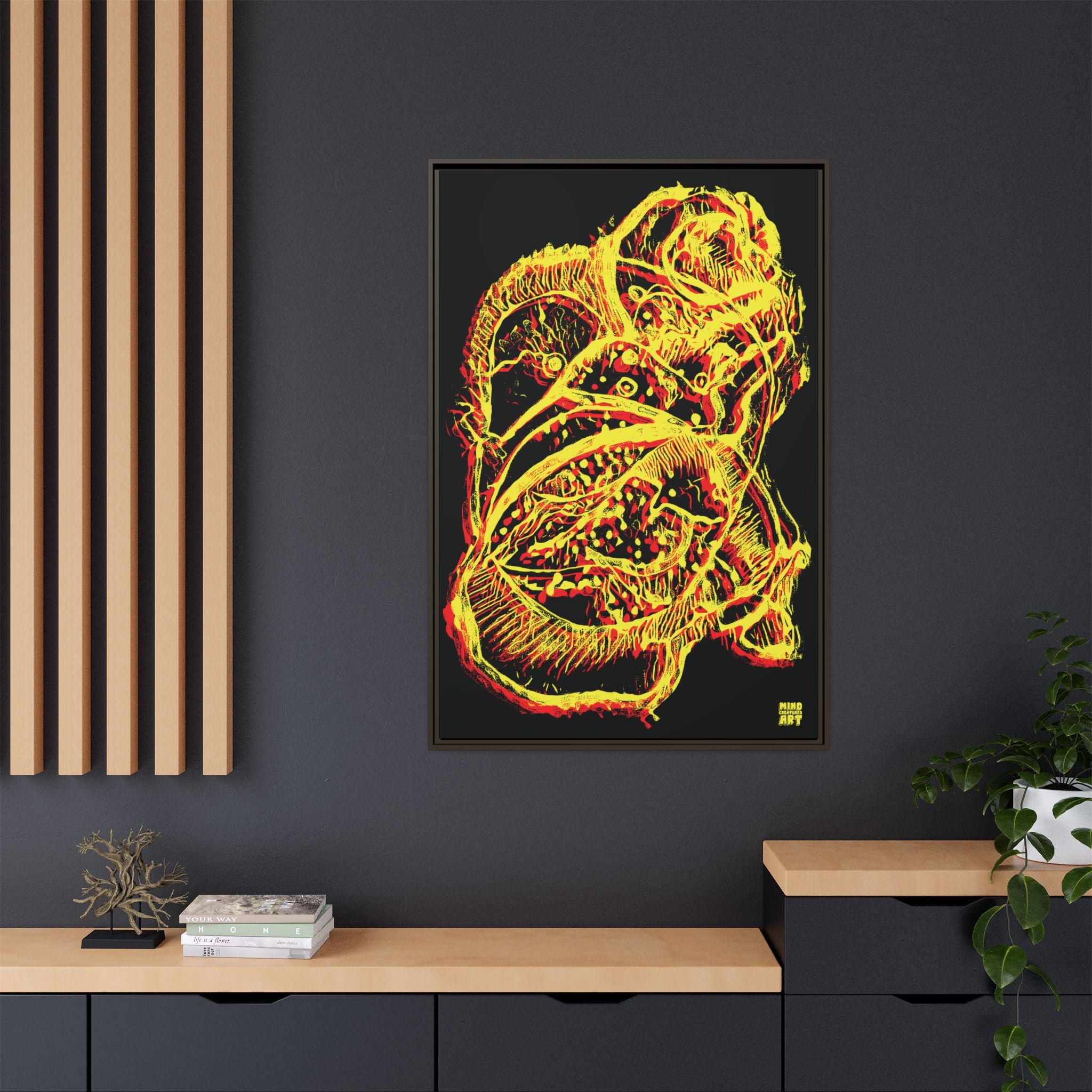 Exploration (Blur, Red & Yellow, Black Background) Matte Canvas, Framed