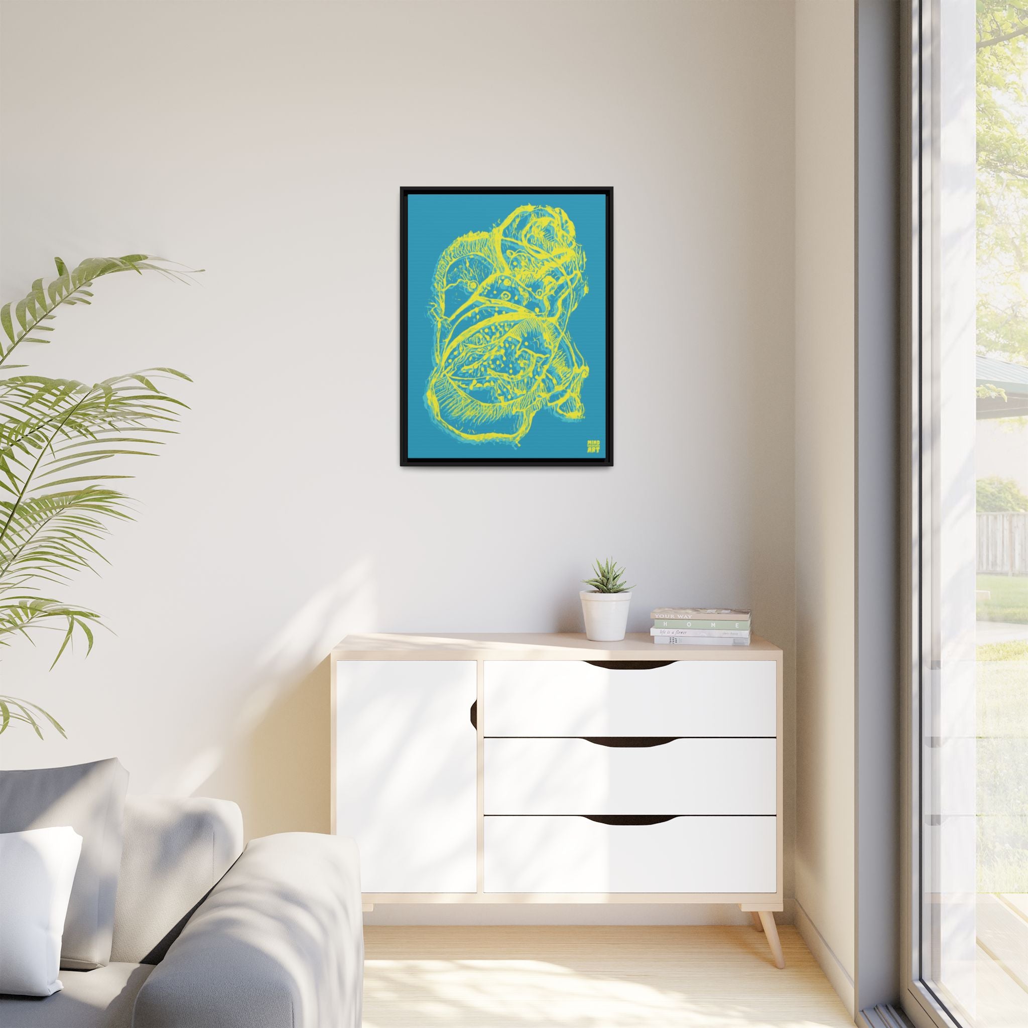 Exploration (Blur, Blue & Yellow, Dark Blue Background) Matte Canvas, Framed