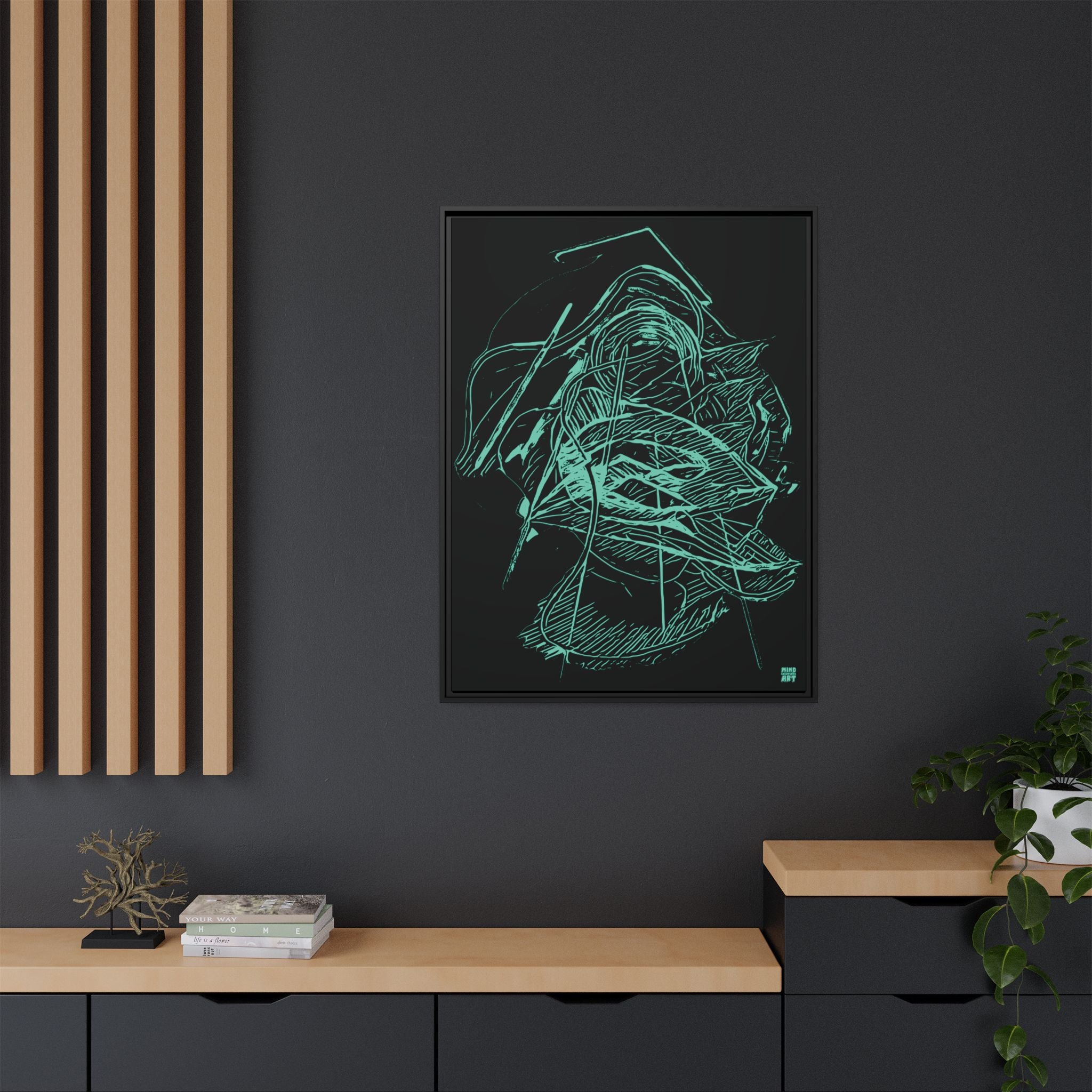 Dive Reflex (Teal, Black Background) Matte Canvas, Framed