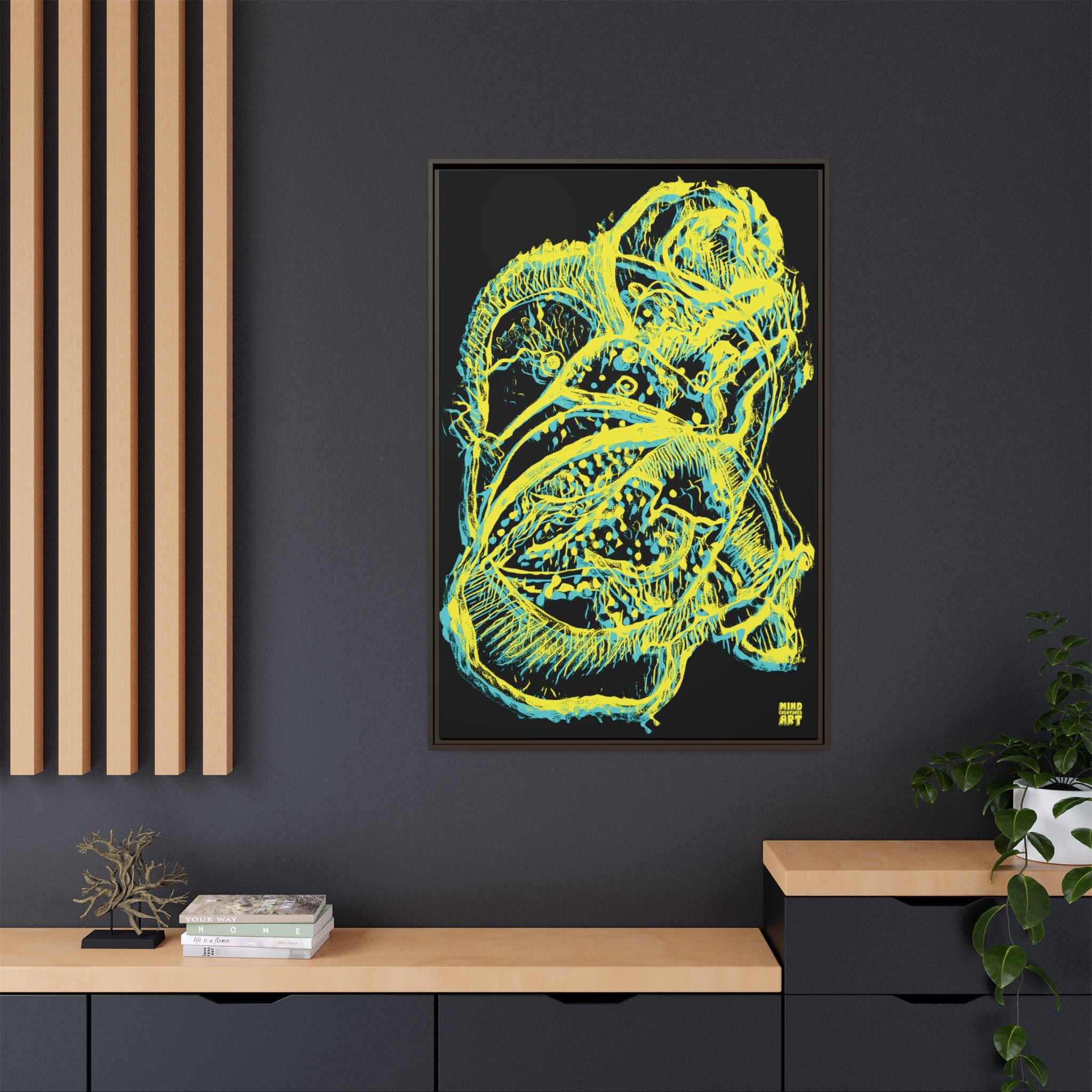 Exploration (Blur, Blue & Yellow, Black Background) Matte Canvas, Framed
