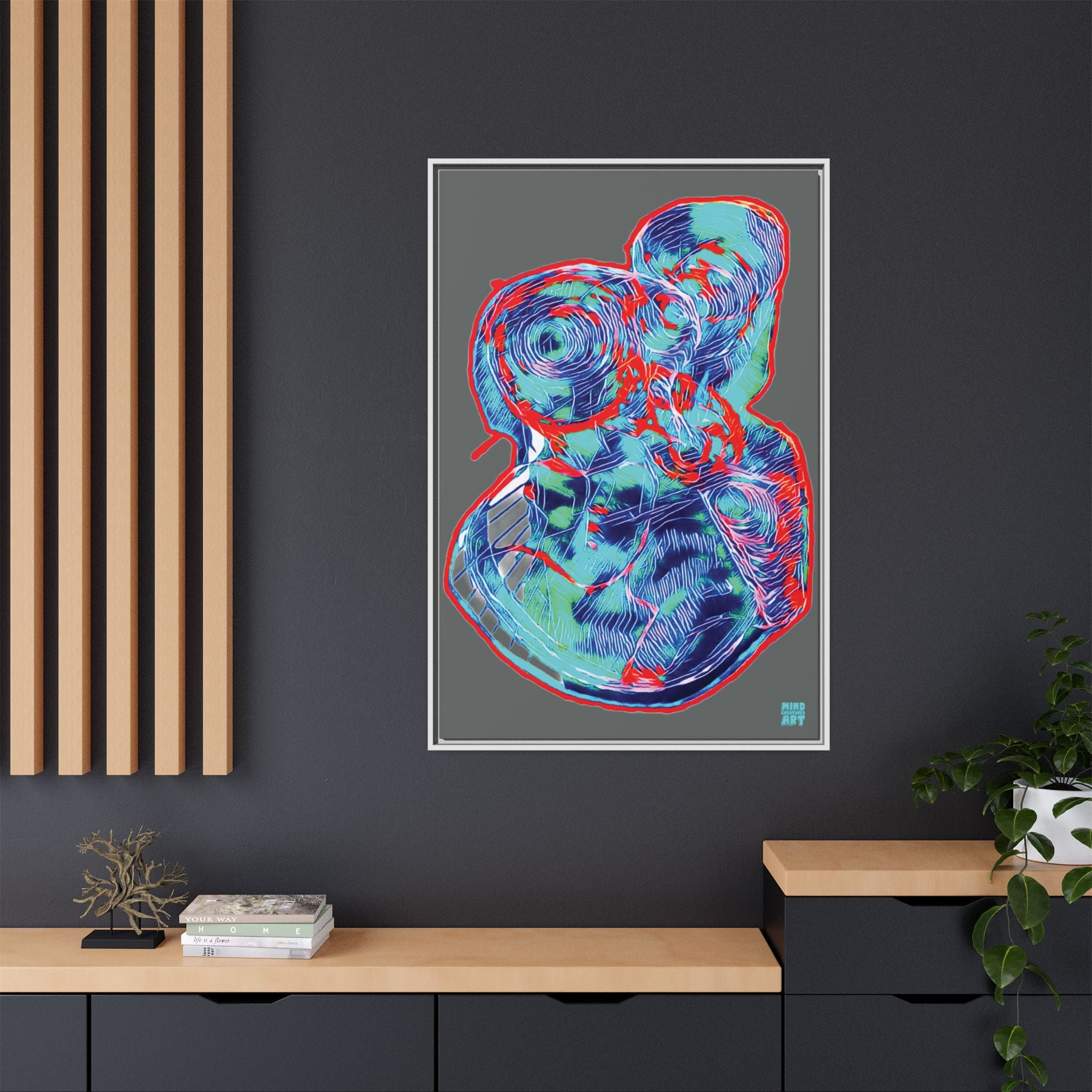 Curiosity (Red & Teal, Dark Gray Background) Matte Canvas, Framed