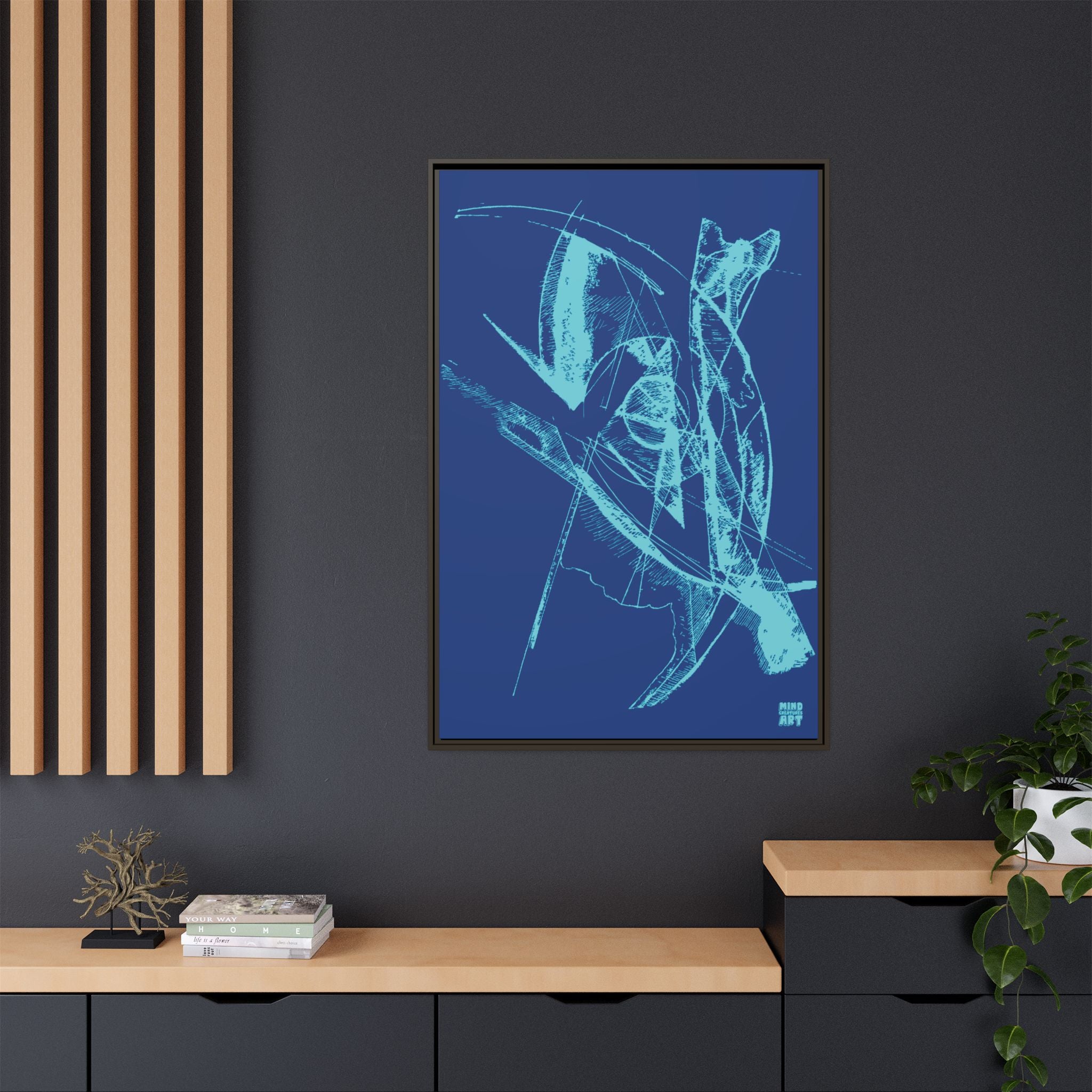 Watching (Aqua, Dark Blue Background) Matte Canvas, Framed