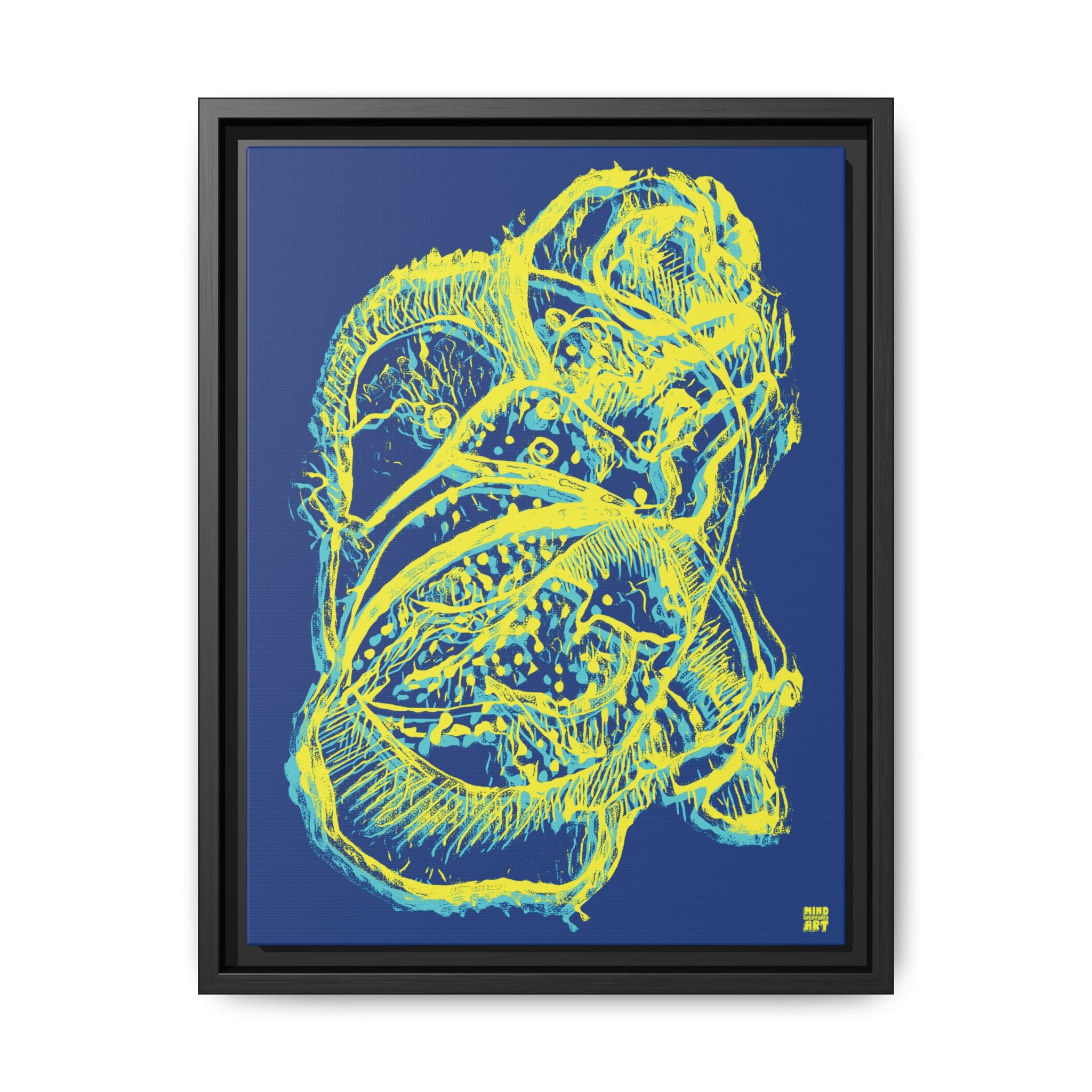 Exploration (Blur, Blue & Yellow, Dark Blue Background) Matte Canvas, Framed