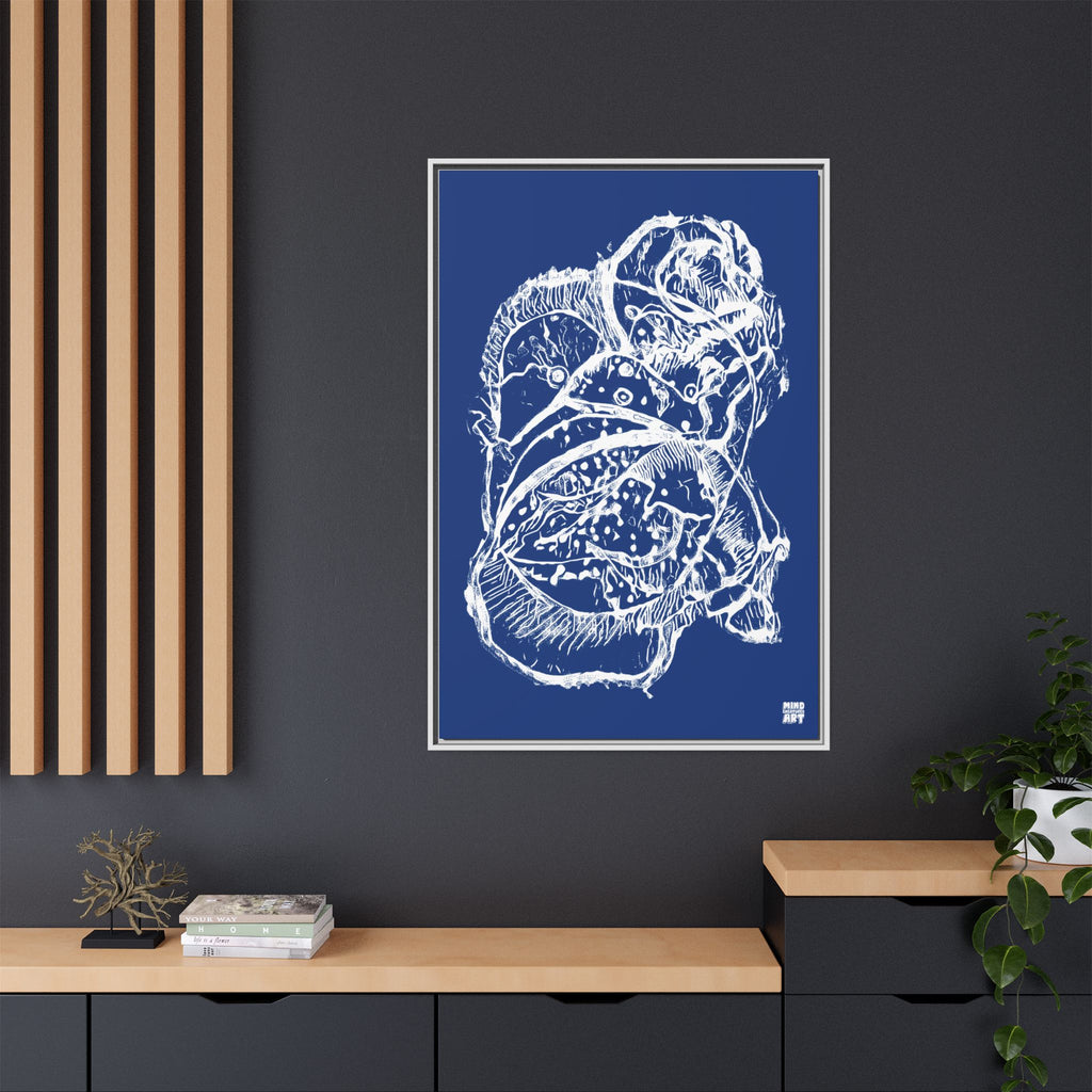 Exploration (White, Dark Blue Background) Matte Canvas, Framed