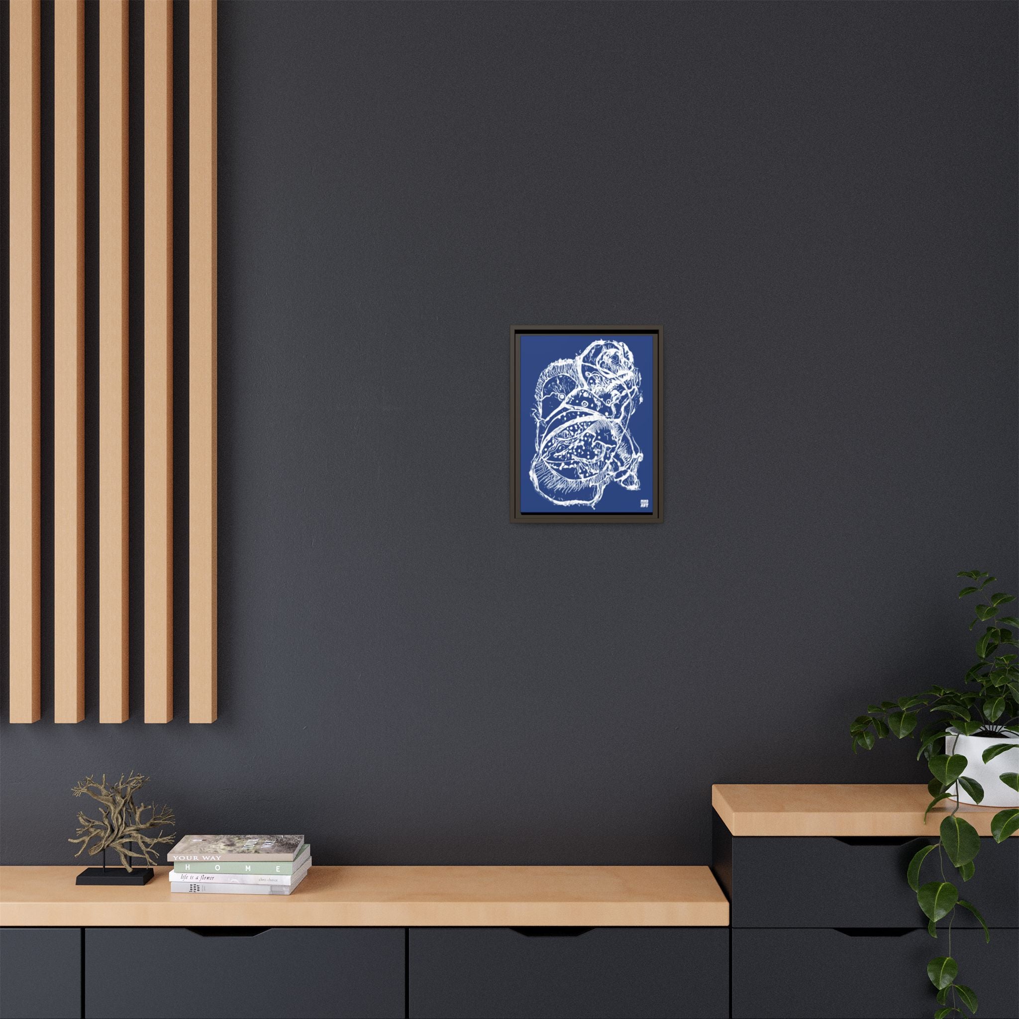 Exploration (White, Dark Blue Background) Matte Canvas, Framed