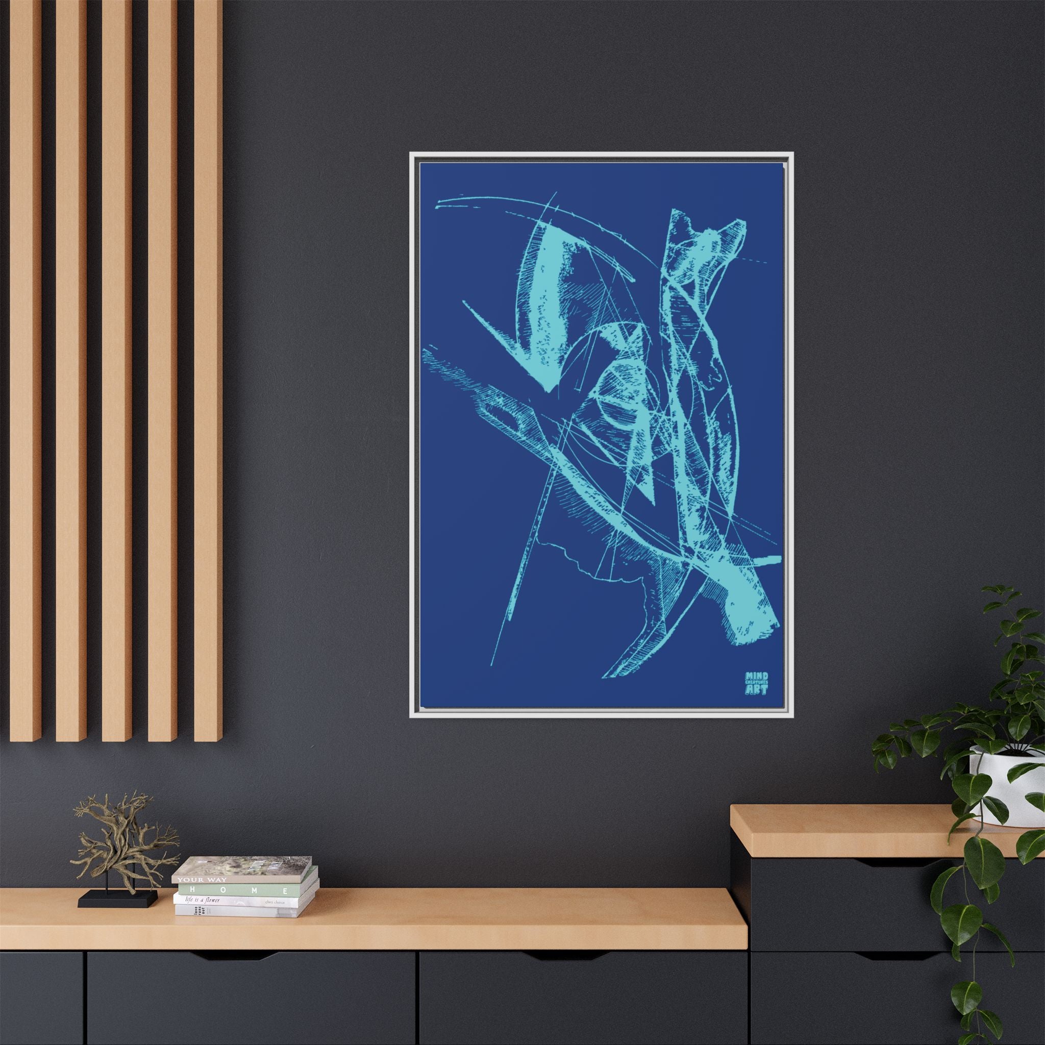 Watching (Aqua, Dark Blue Background) Matte Canvas, Framed