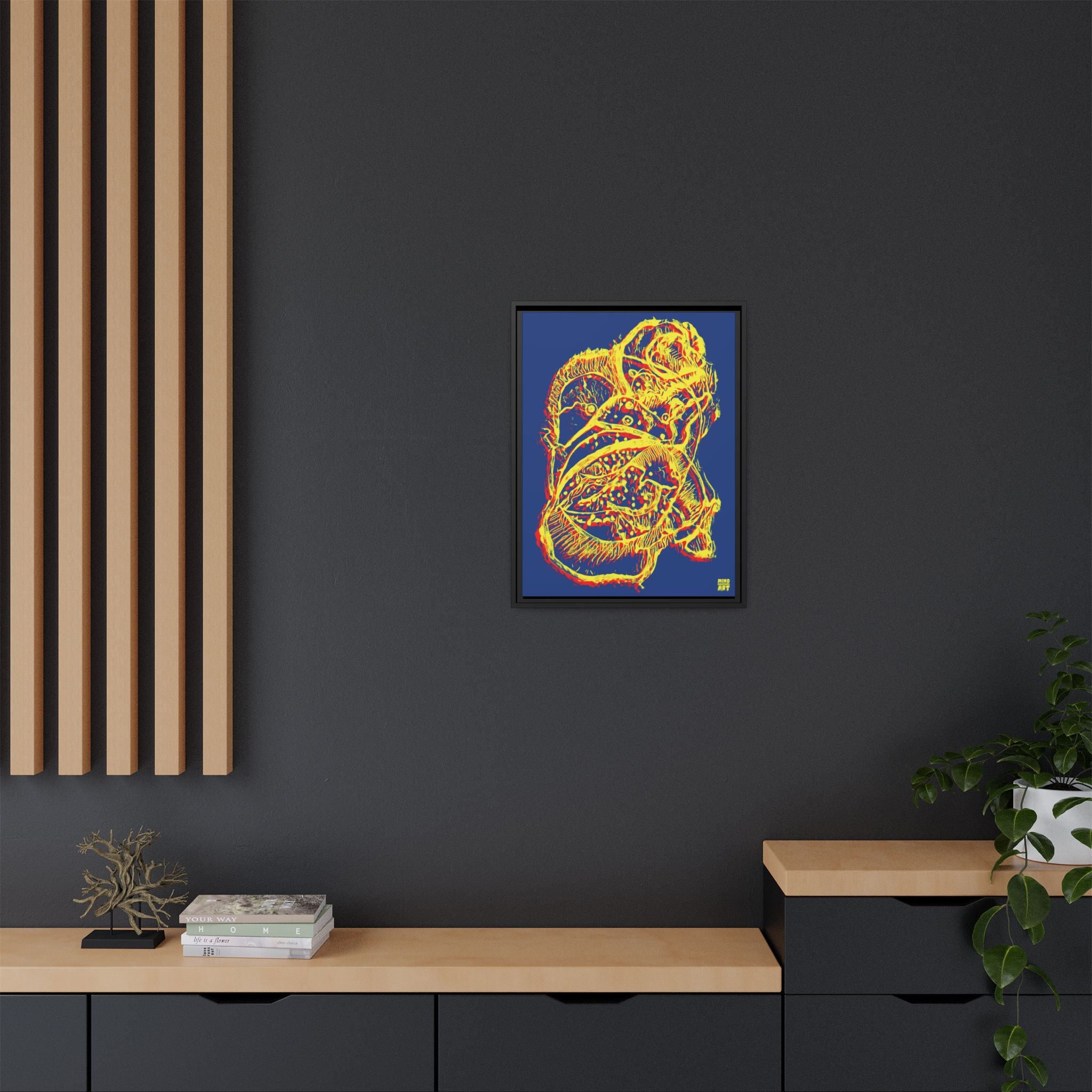 Exploration (Blur, Red & Yellow, Dark Blue Background) Matte Canvas, Framed
