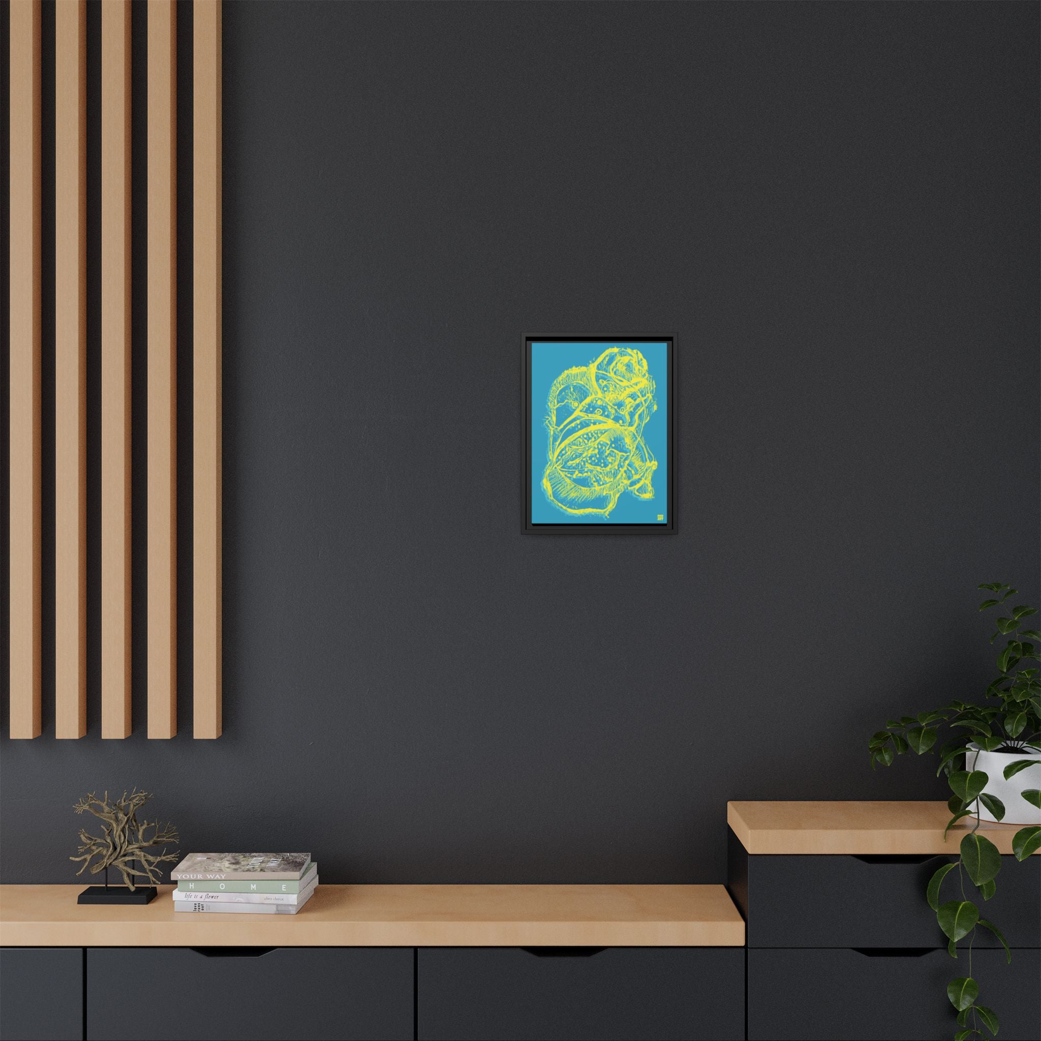 Exploration (Blur, Blue & Yellow, Dark Blue Background) Matte Canvas, Framed