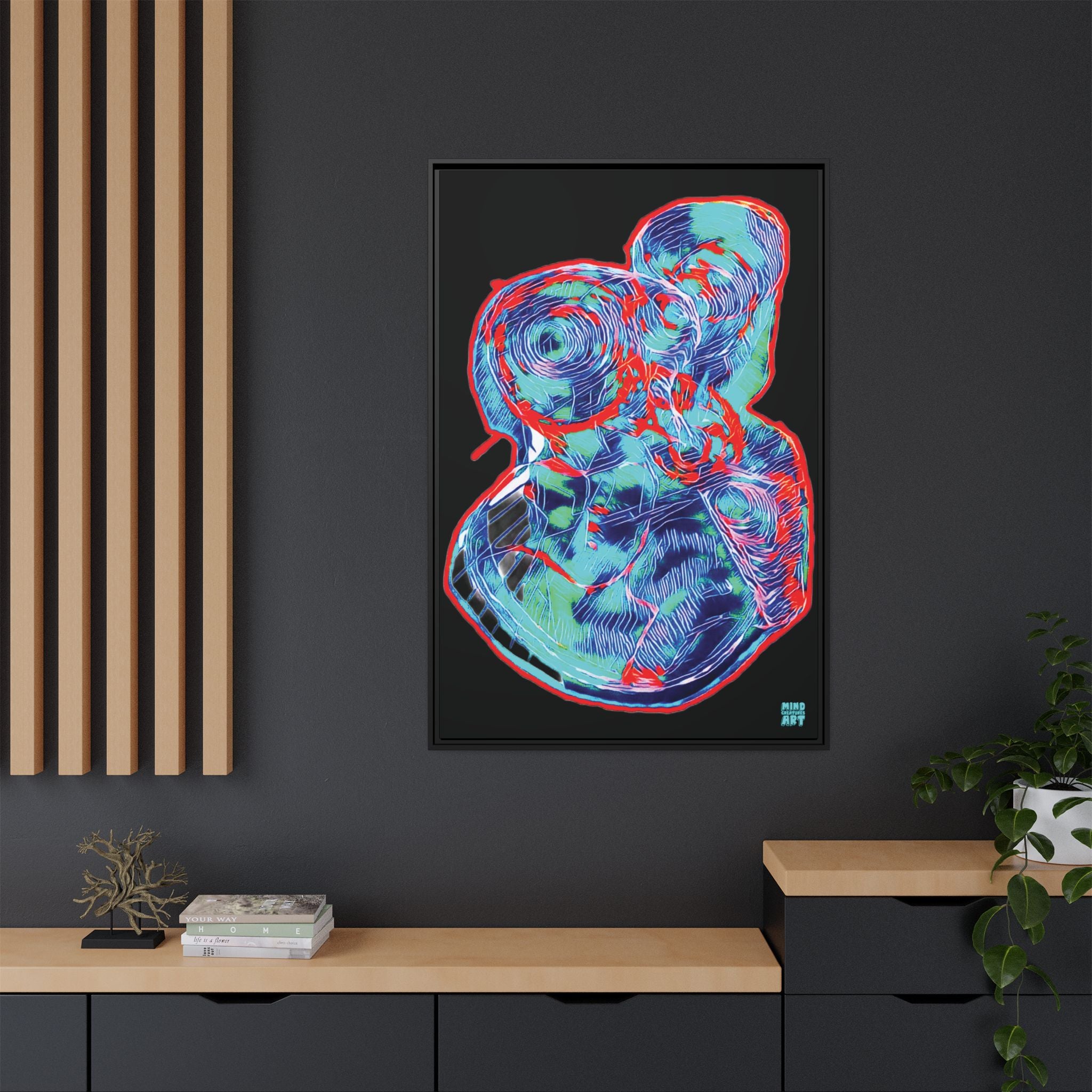 Curiosity (Red & Teal), Black Background) Matte Canvas, Framed