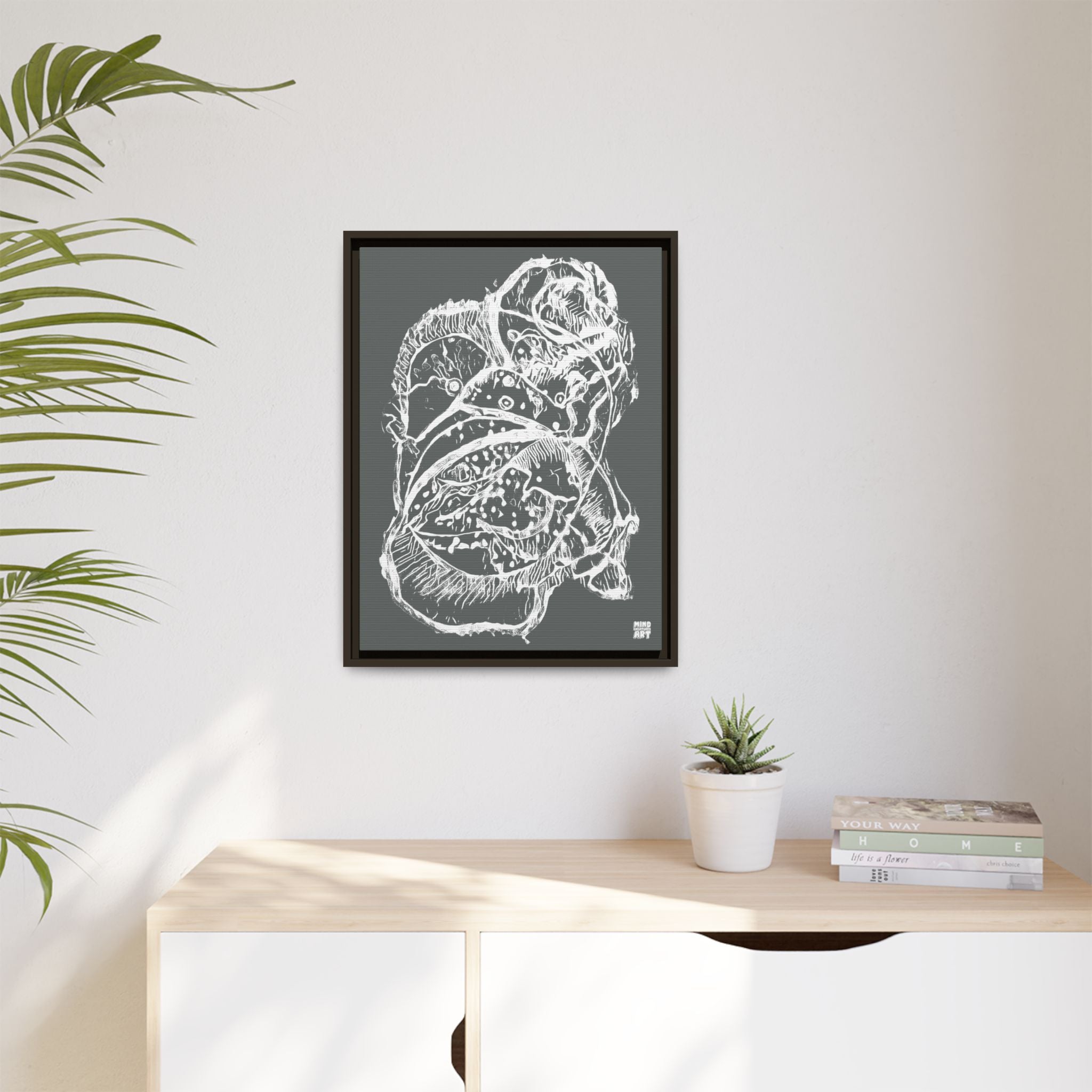 Exploration (White, Dark Gray Background) Matte Canvas, Framed