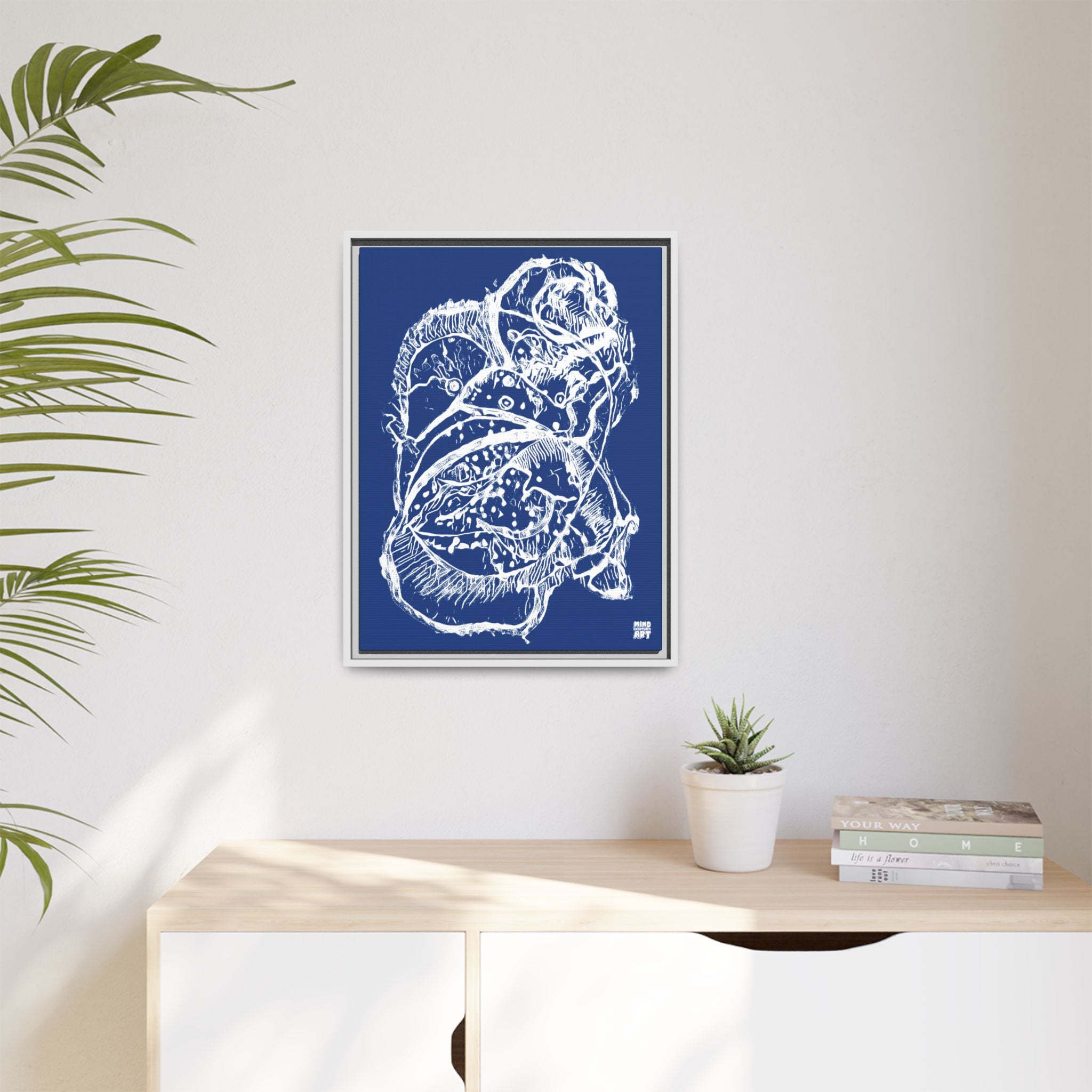 Exploration (White, Dark Blue Background) Matte Canvas, Framed