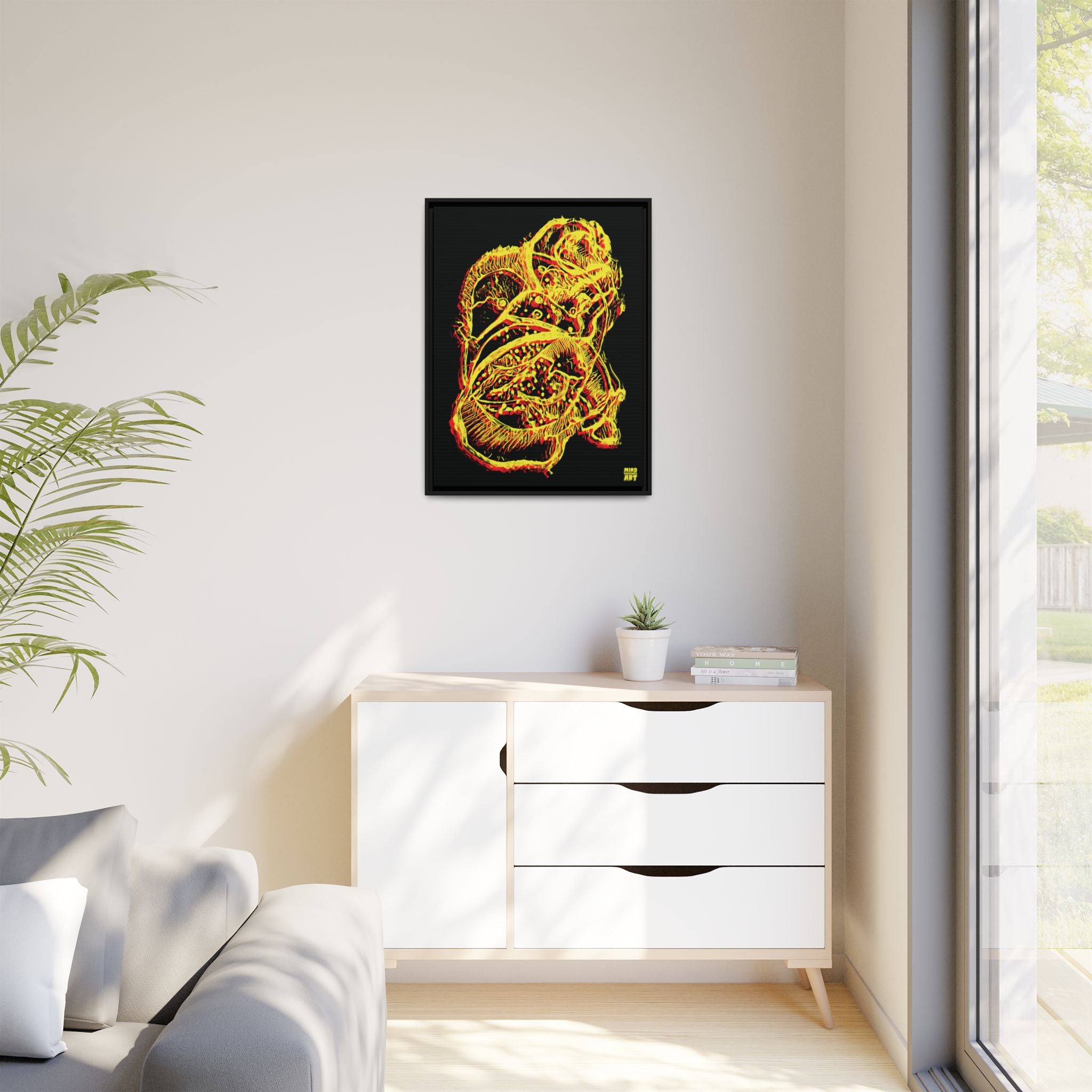 Exploration (Blur, Red & Yellow, Black Background) Matte Canvas, Framed